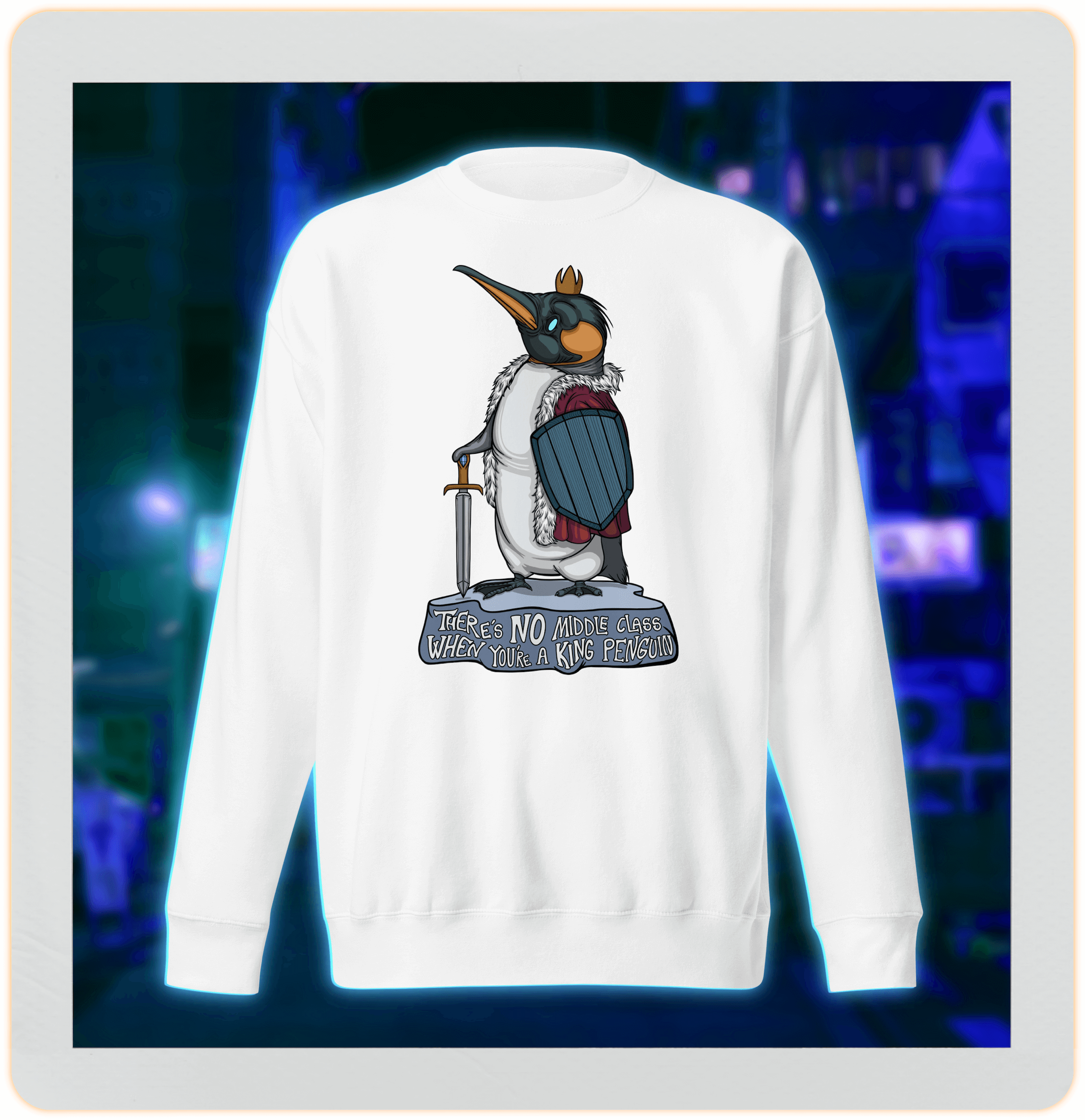 white sweatshirt with a cute penguin drawing in cartoon style