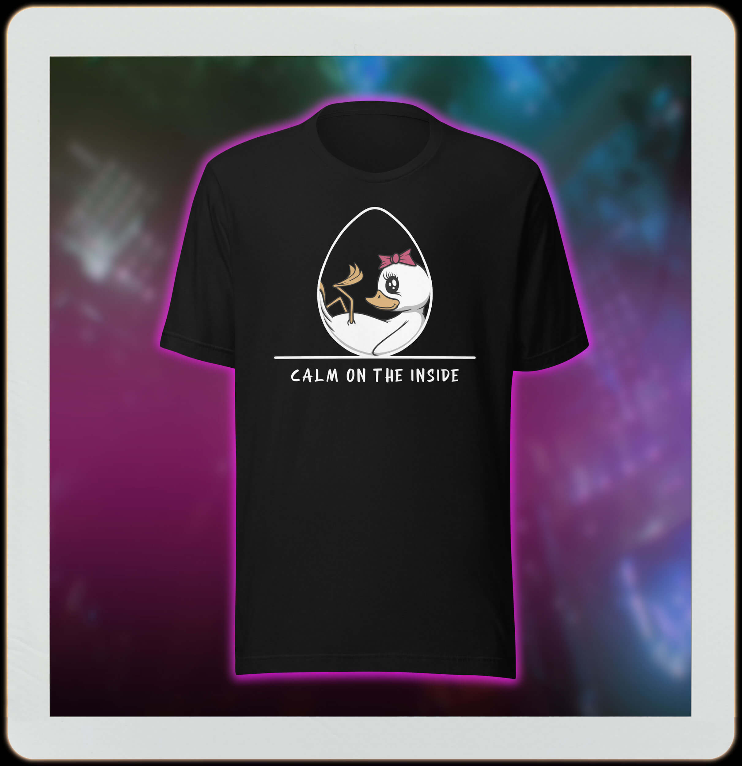 cartoon duck in an egg on black t-shirt