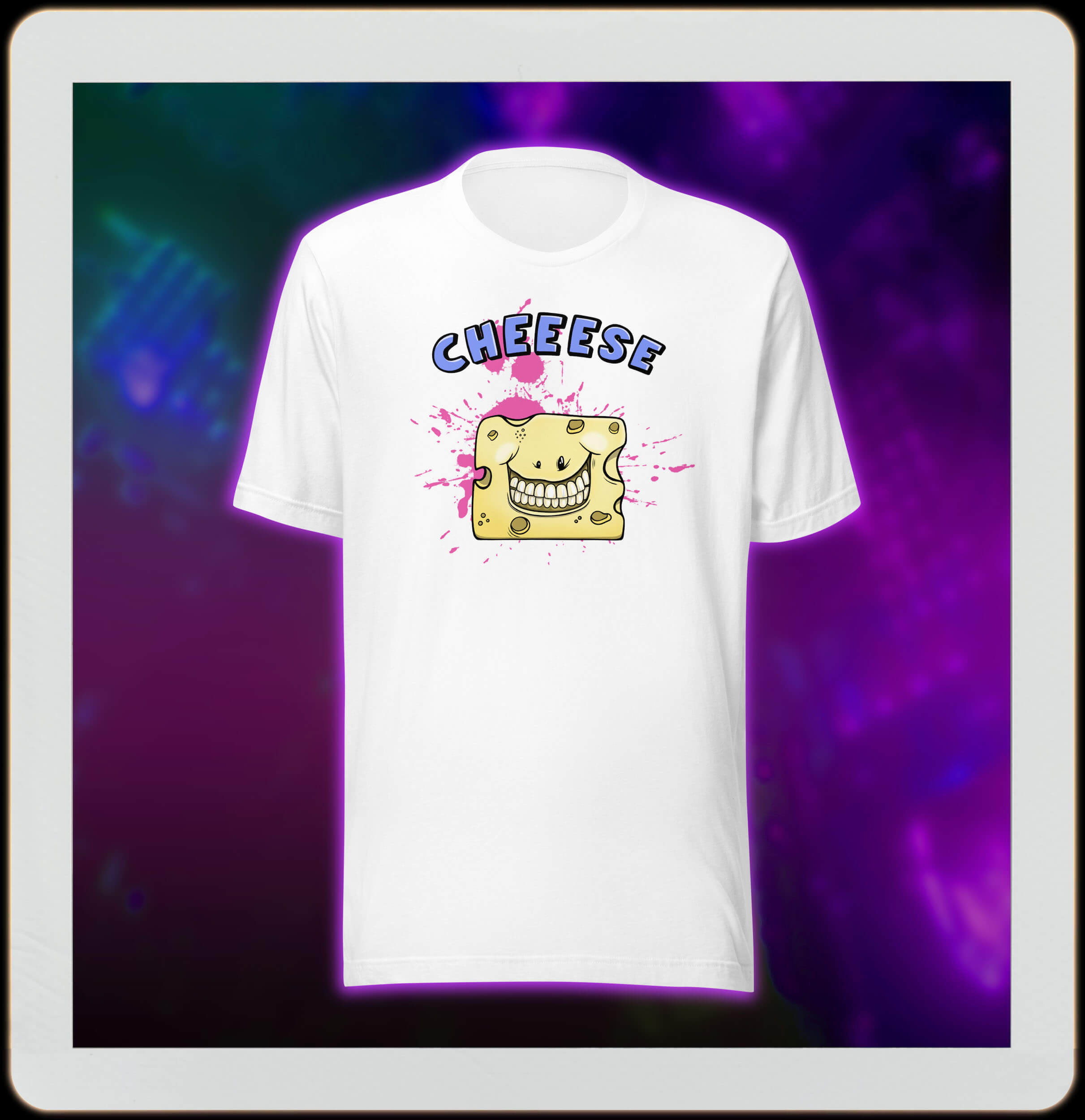 cheesy cartoon og a smiling cheese on white t-shirt