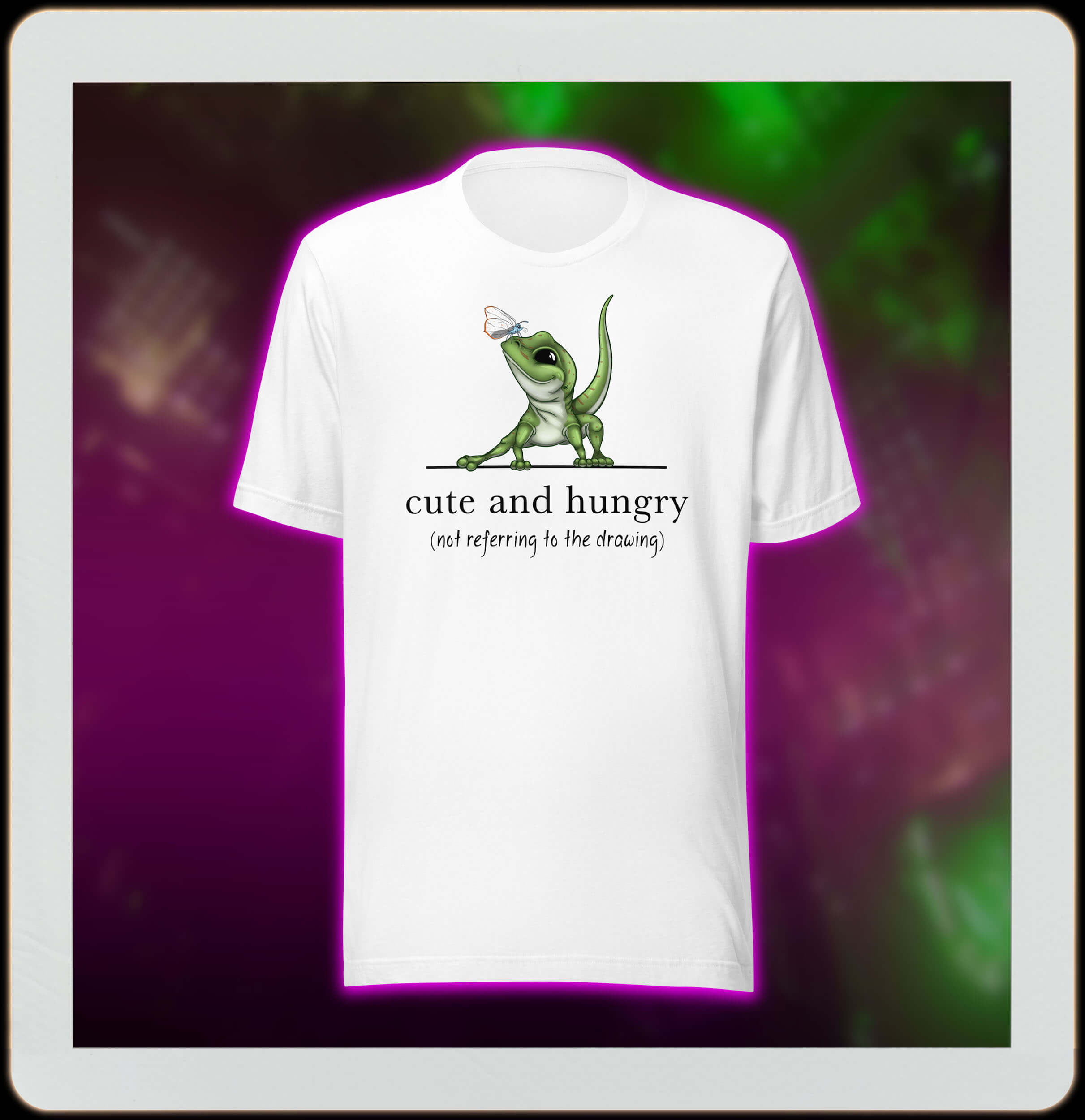 cute and hungry gecko on white t-shirt