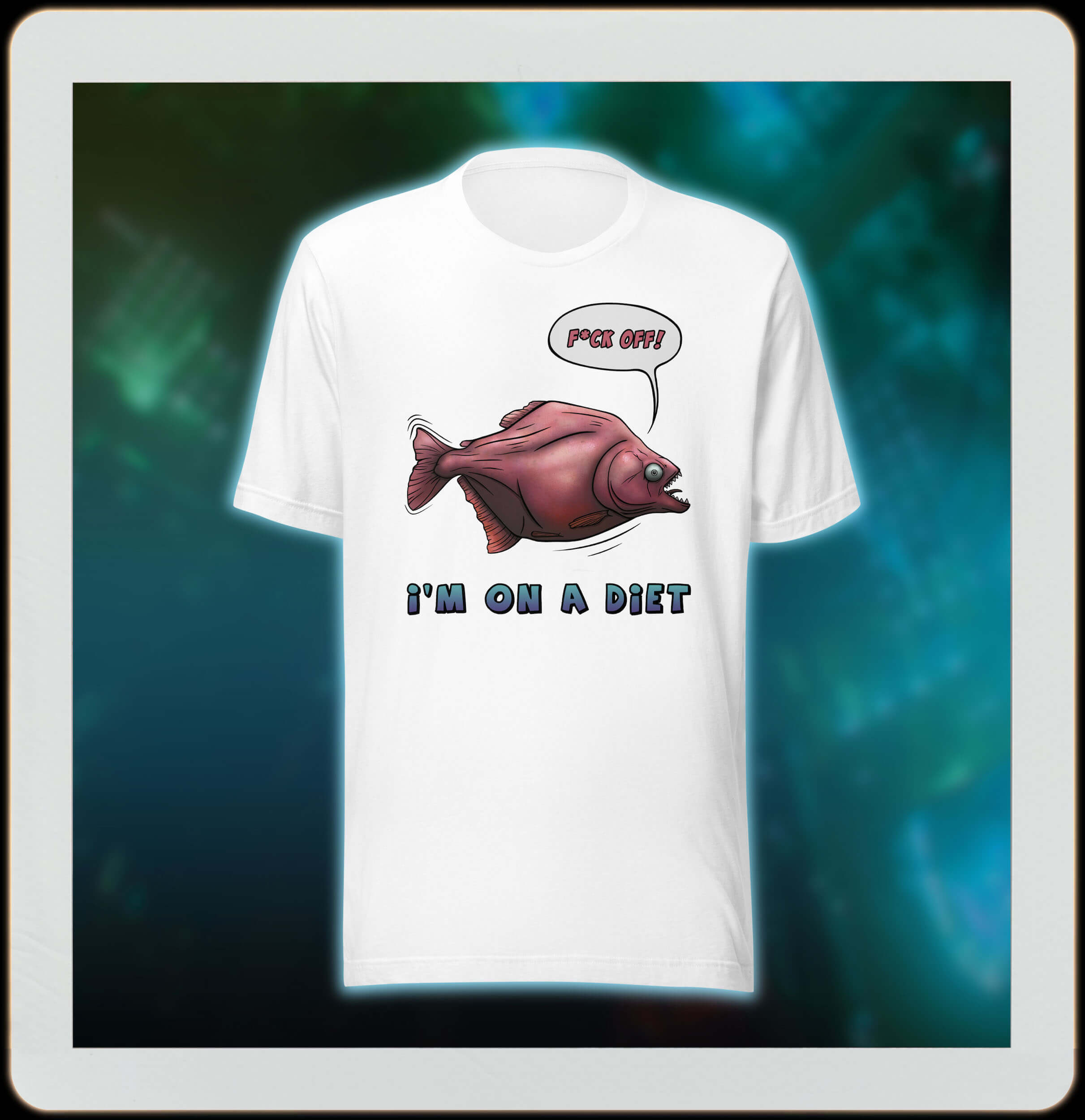 white t-shirt with a funny cartoon piranha