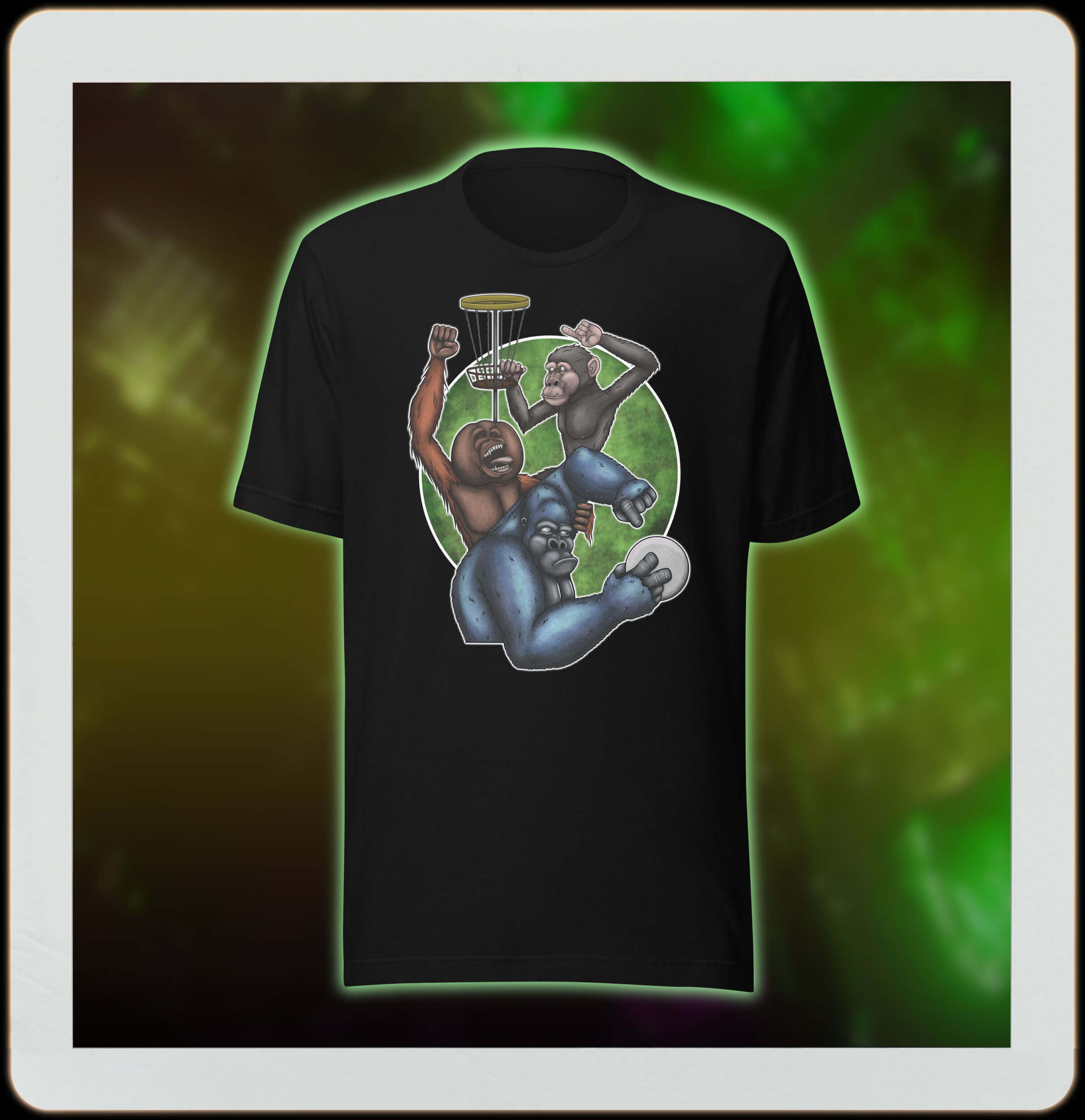 black t-shirt with cartoon monkeys playing frisbee golf