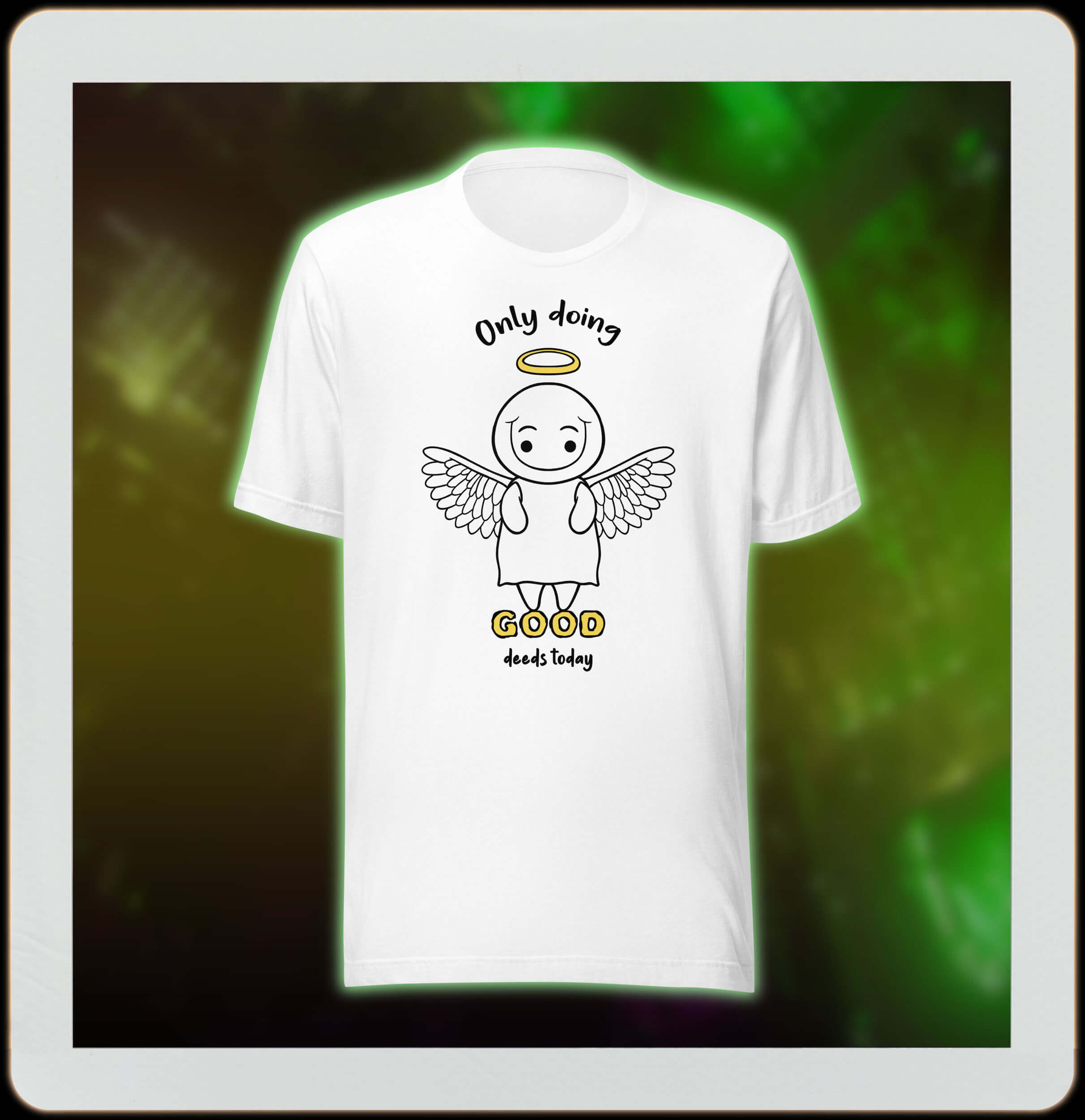 white t-shirt with angel doing good deeds drawing