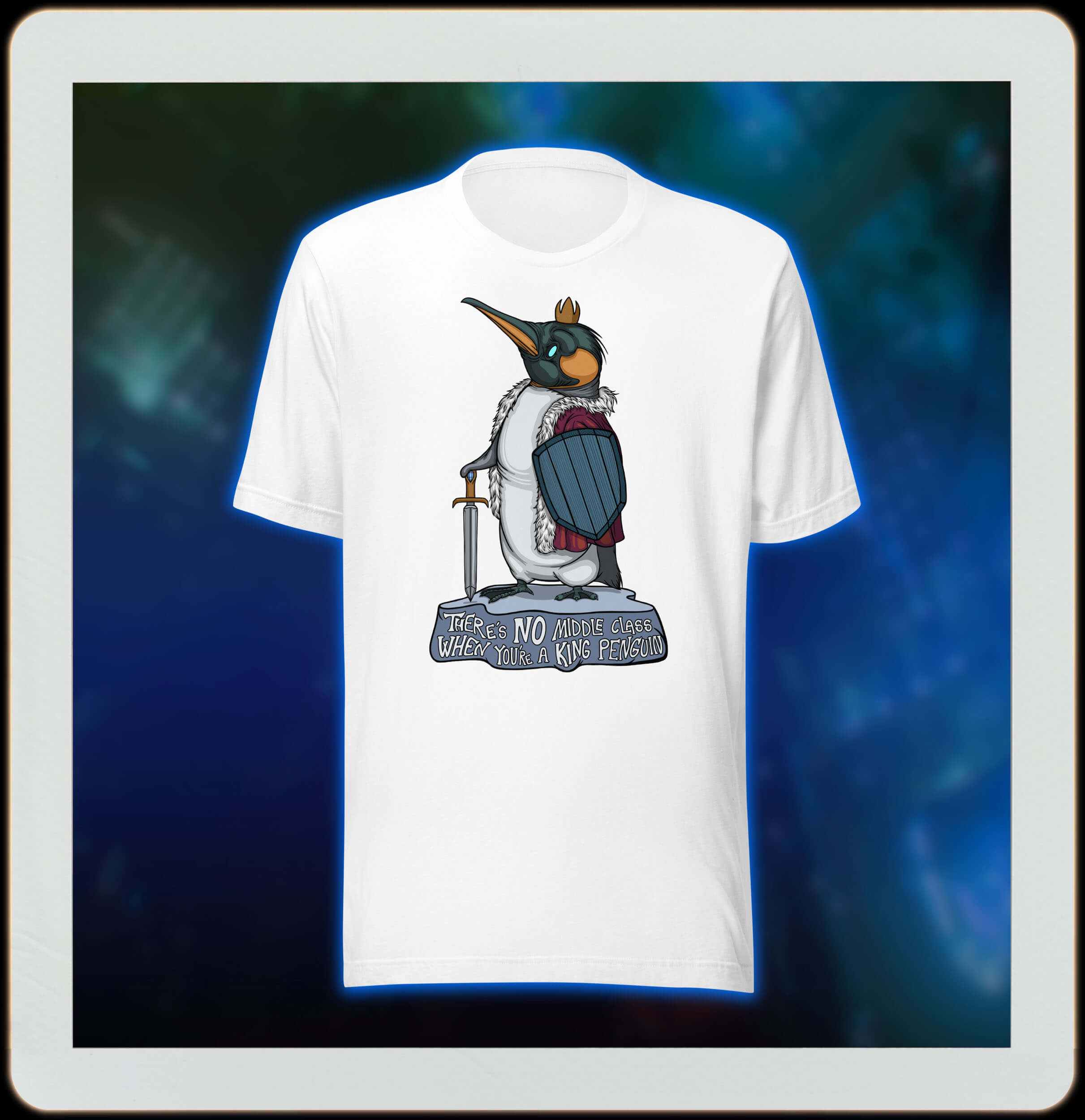 white tee with funny cartoon penguin on ice