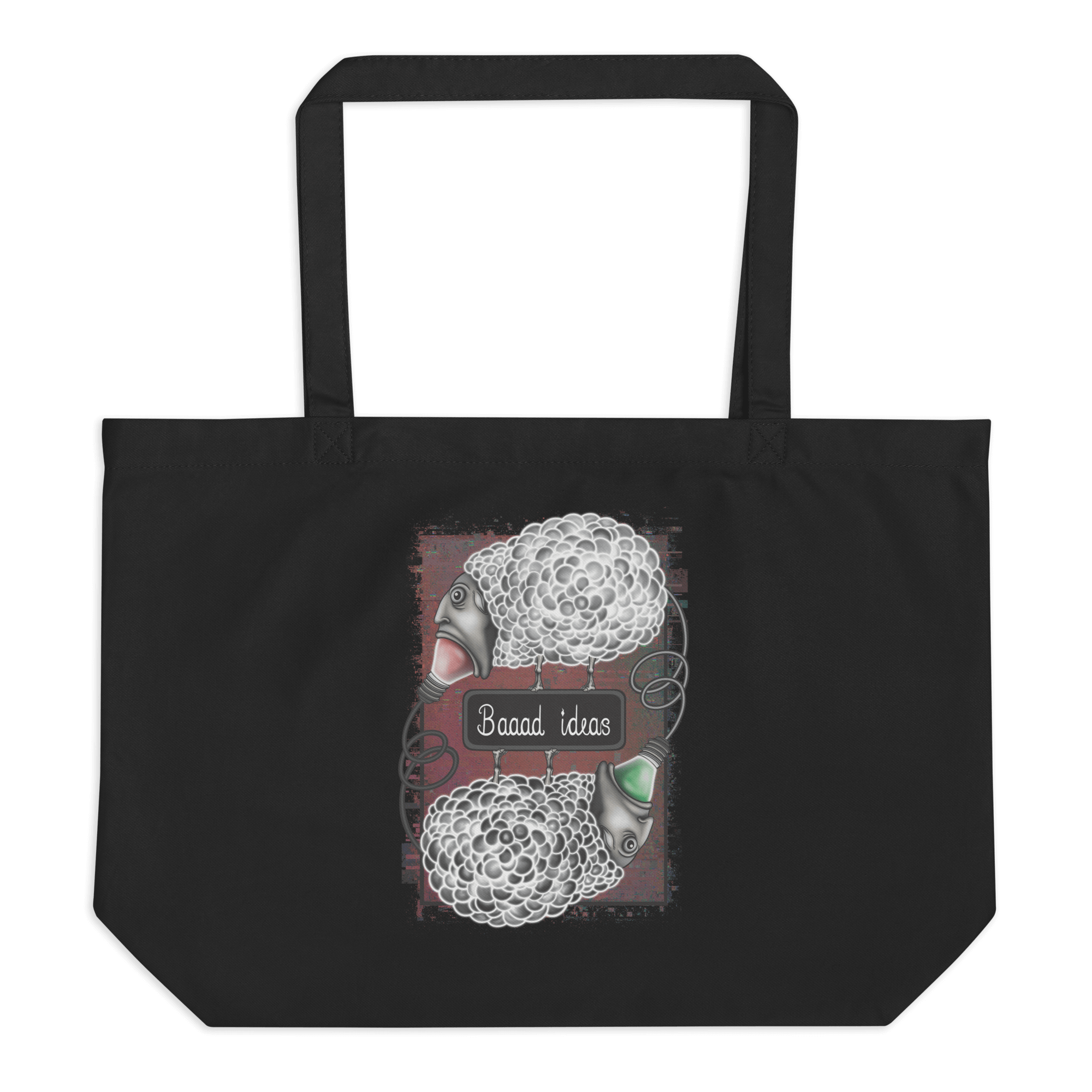 black tote bag with cool cartoon sheep