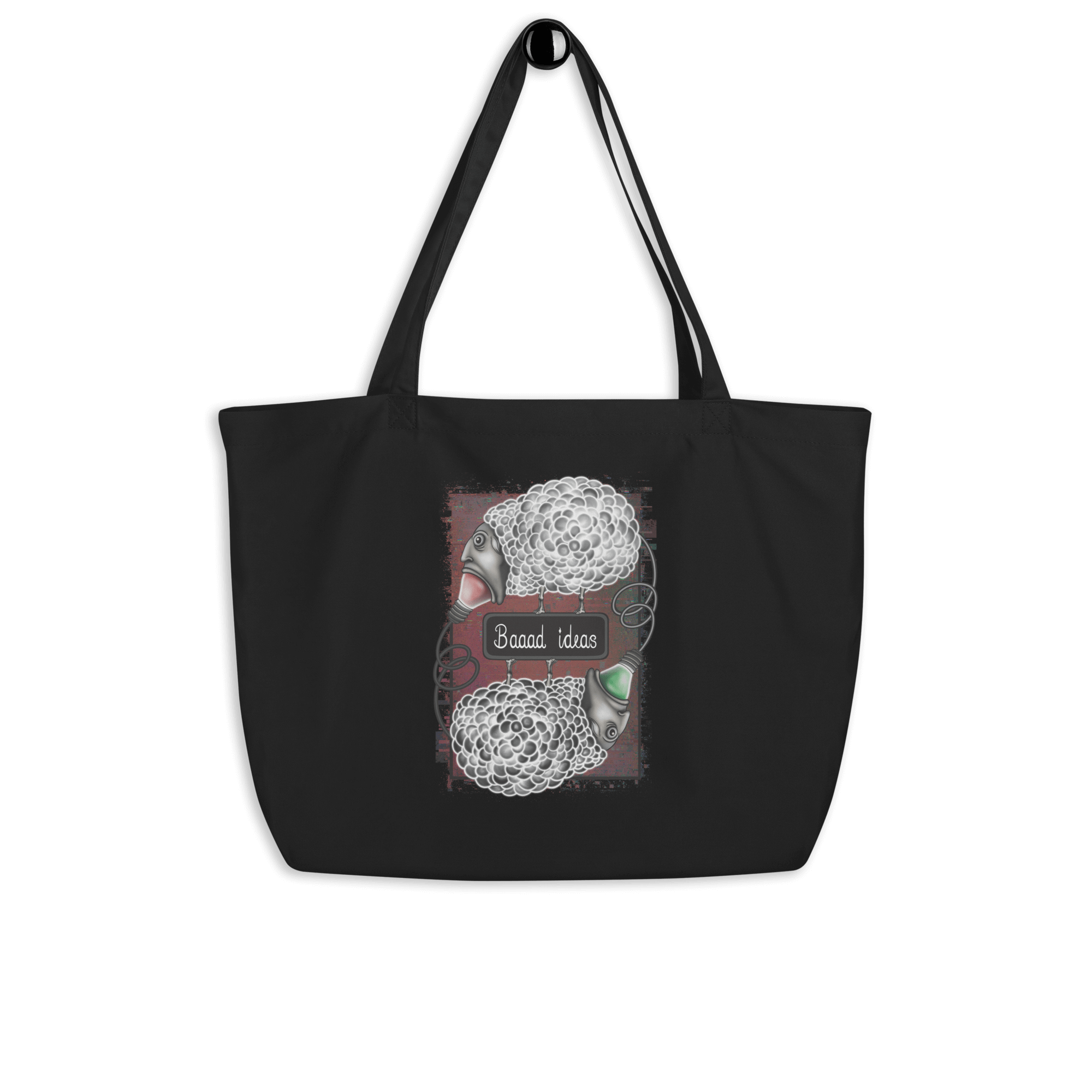 cool cartoon sheep with lightbulbs on black tote bag