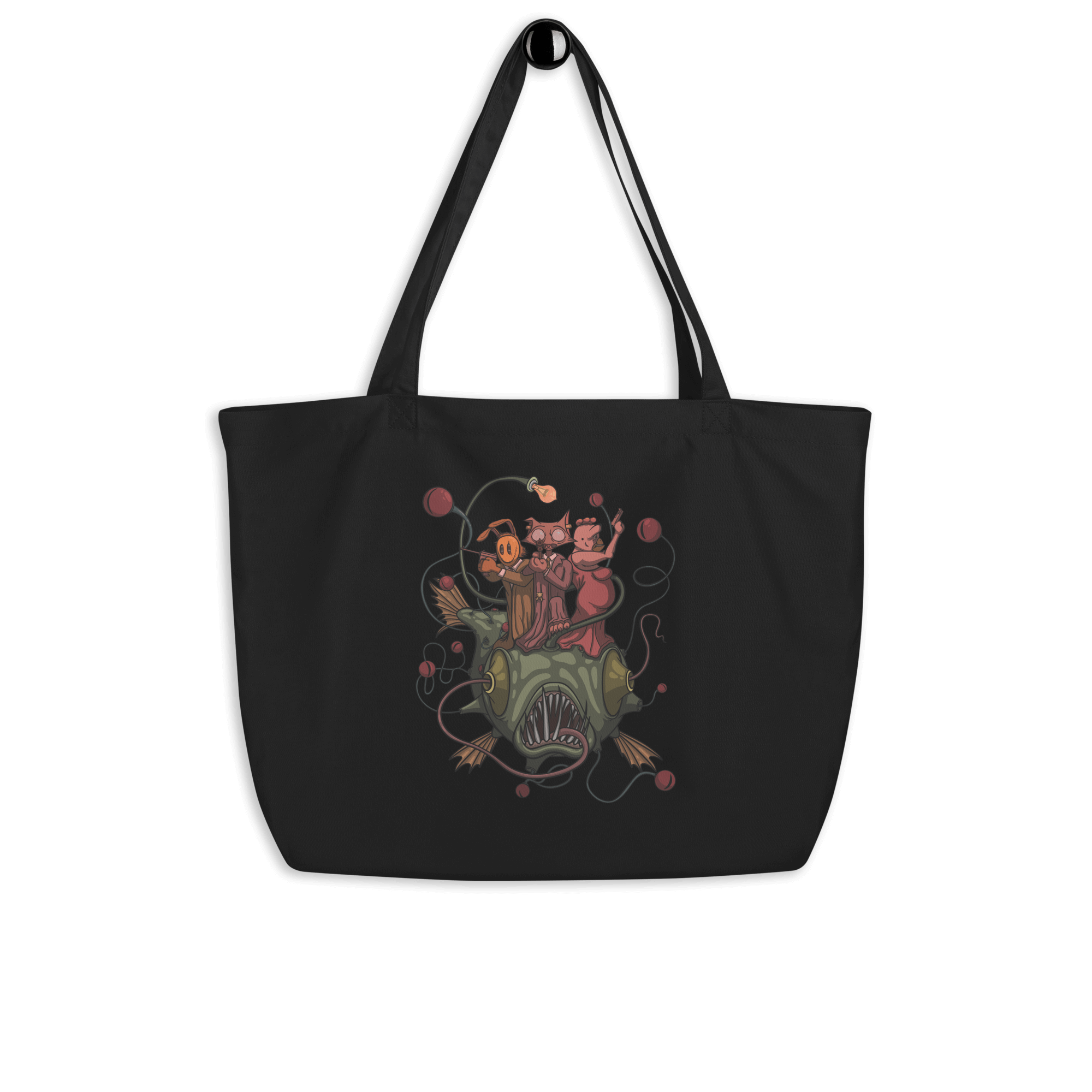 Cartoon fish, cat, chicken and bunny on tote bag black