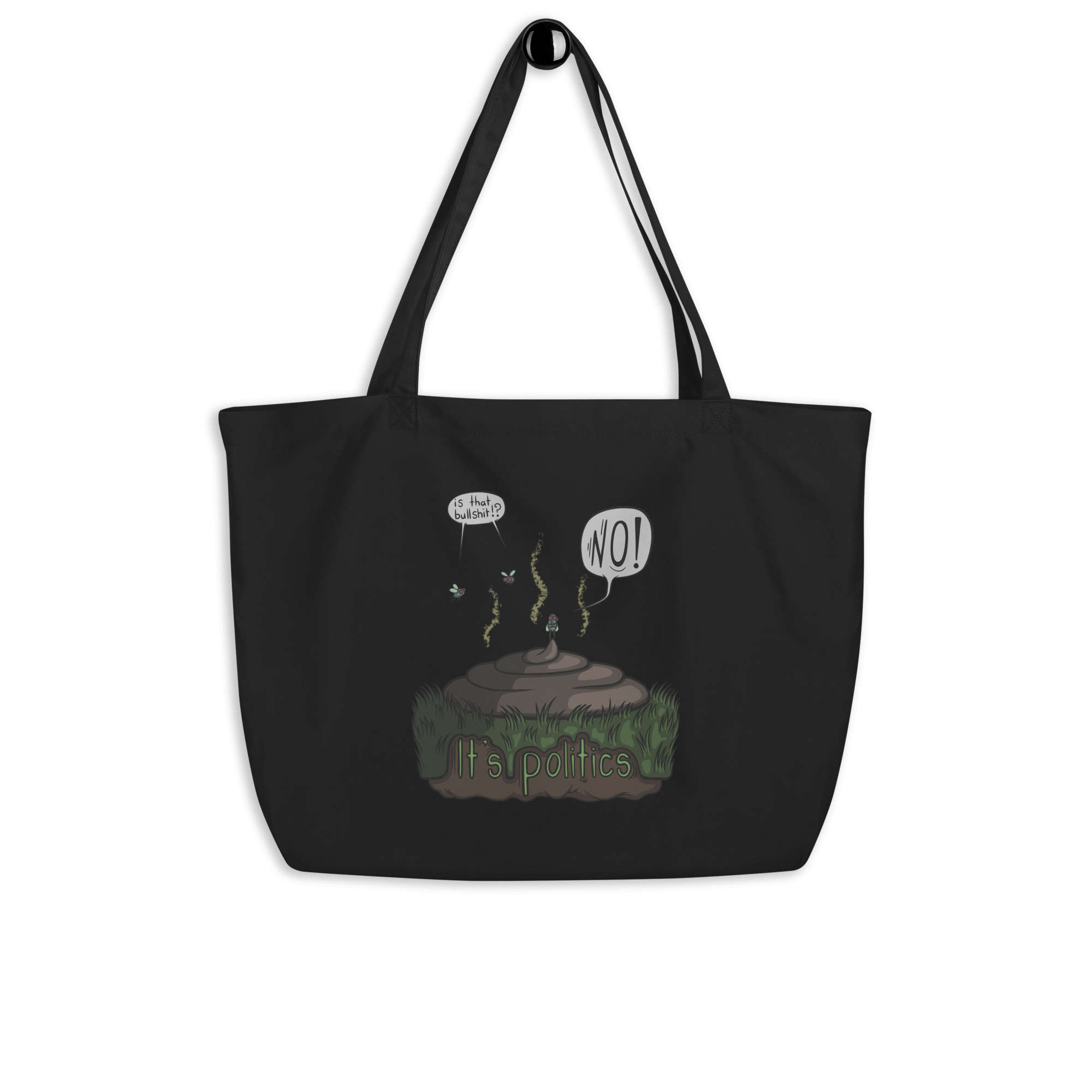 funny cartoon flies and bullshit tote bag black