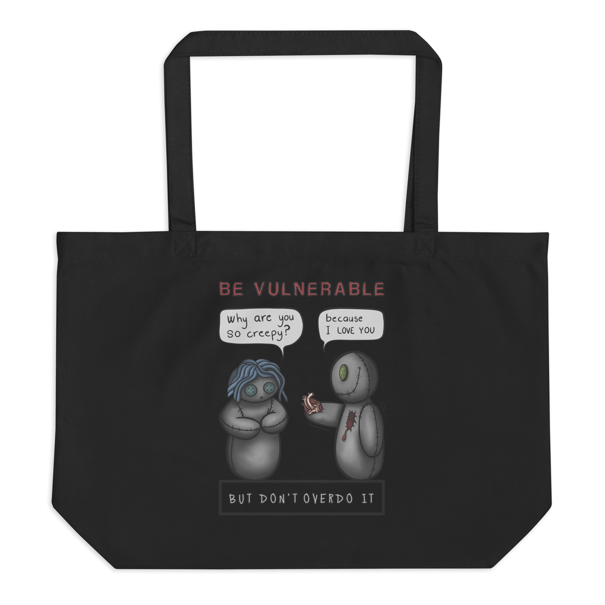 creepy voodoo doll with heart tote bag black