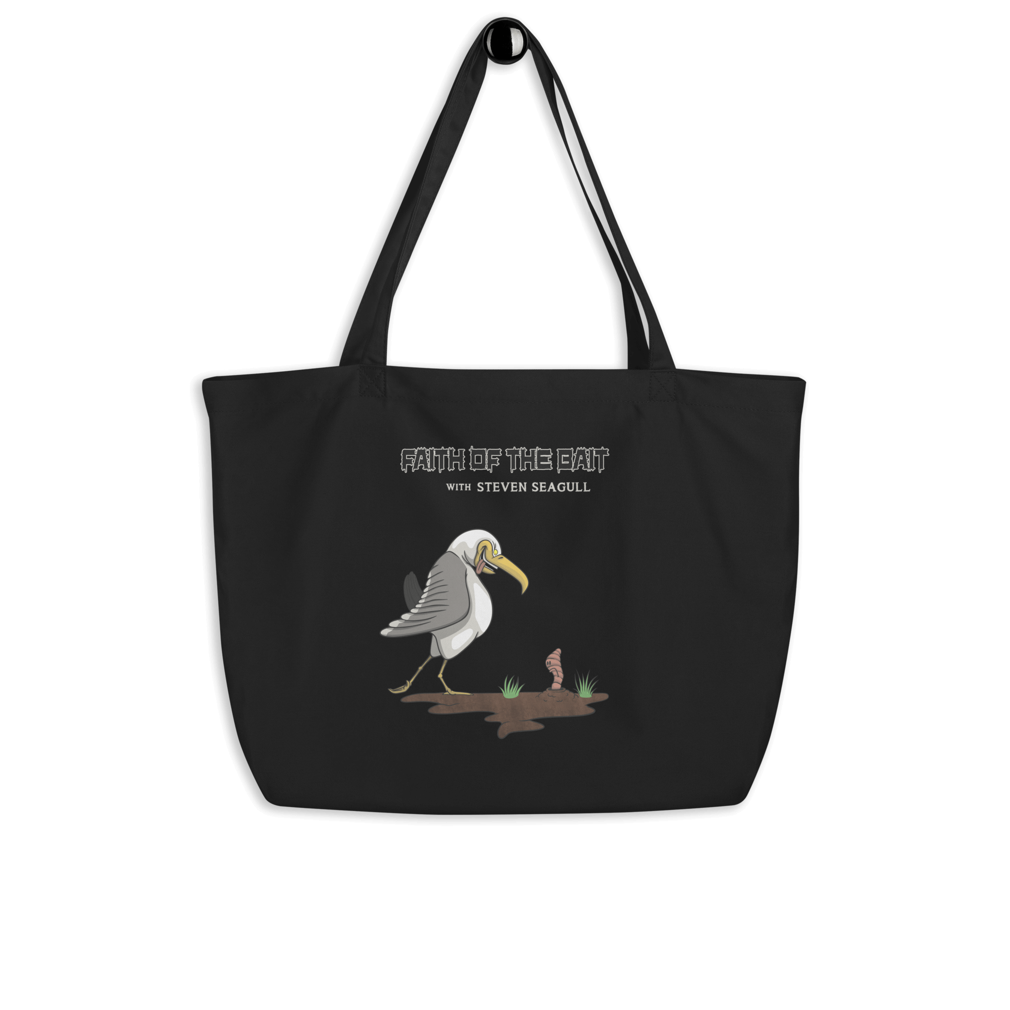 funny cartoon seagull and a maggot on black tote bag