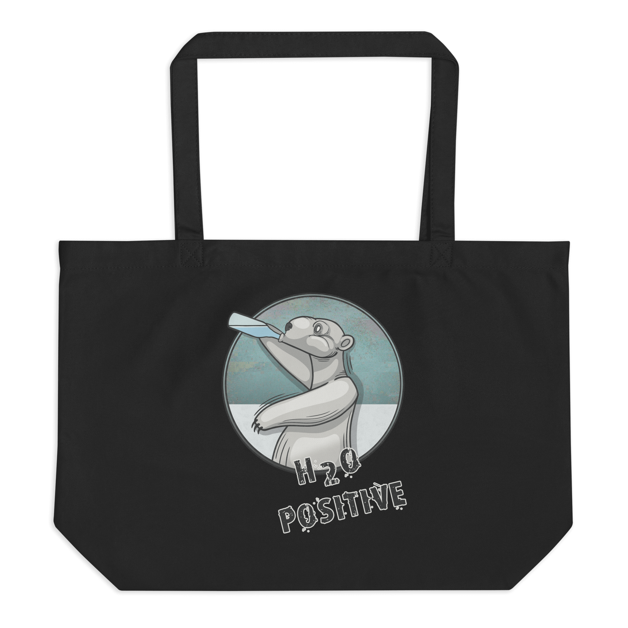 tote bag black with a cool cartoon polar bear drinking water