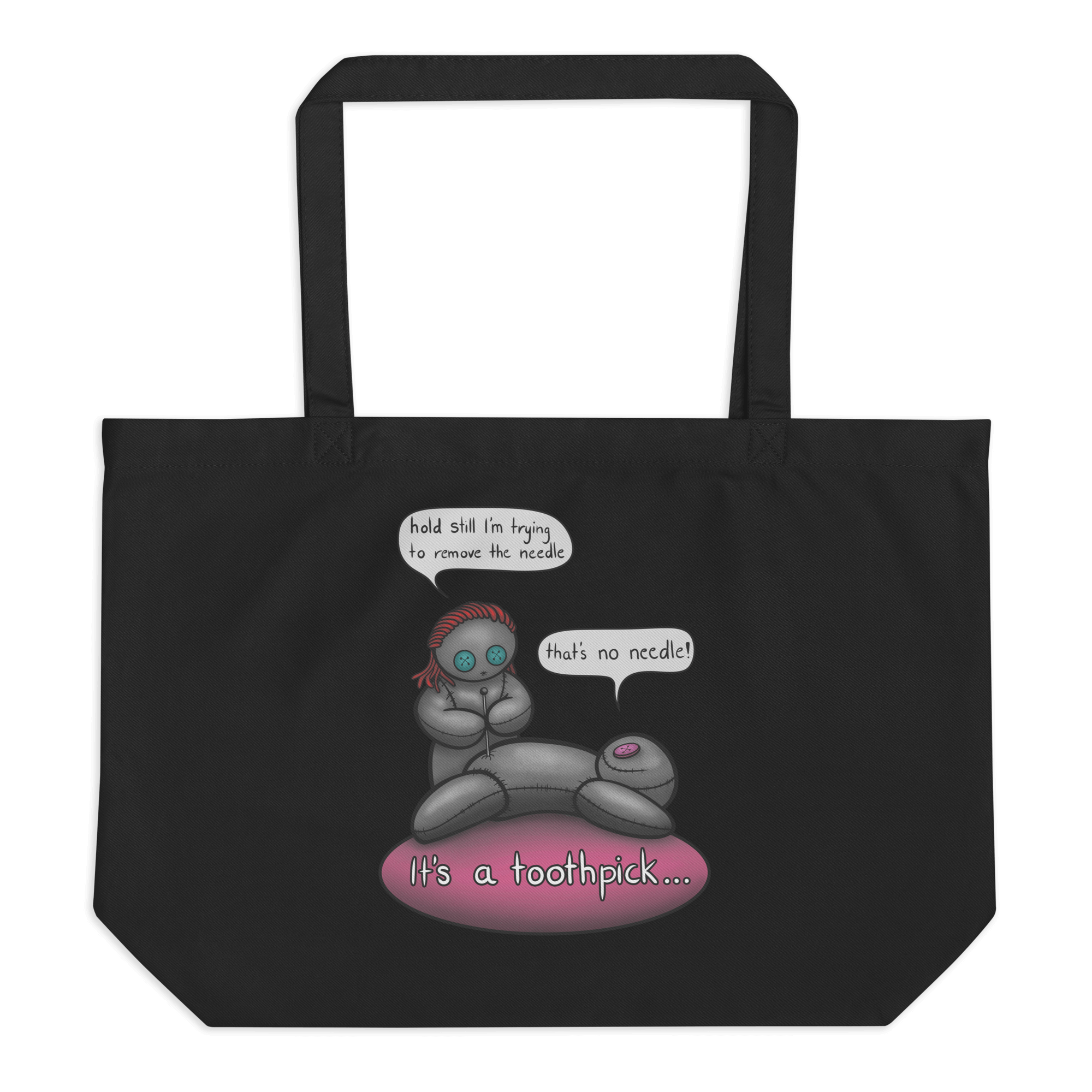 Funny cartoon voodoo doll tote bag black