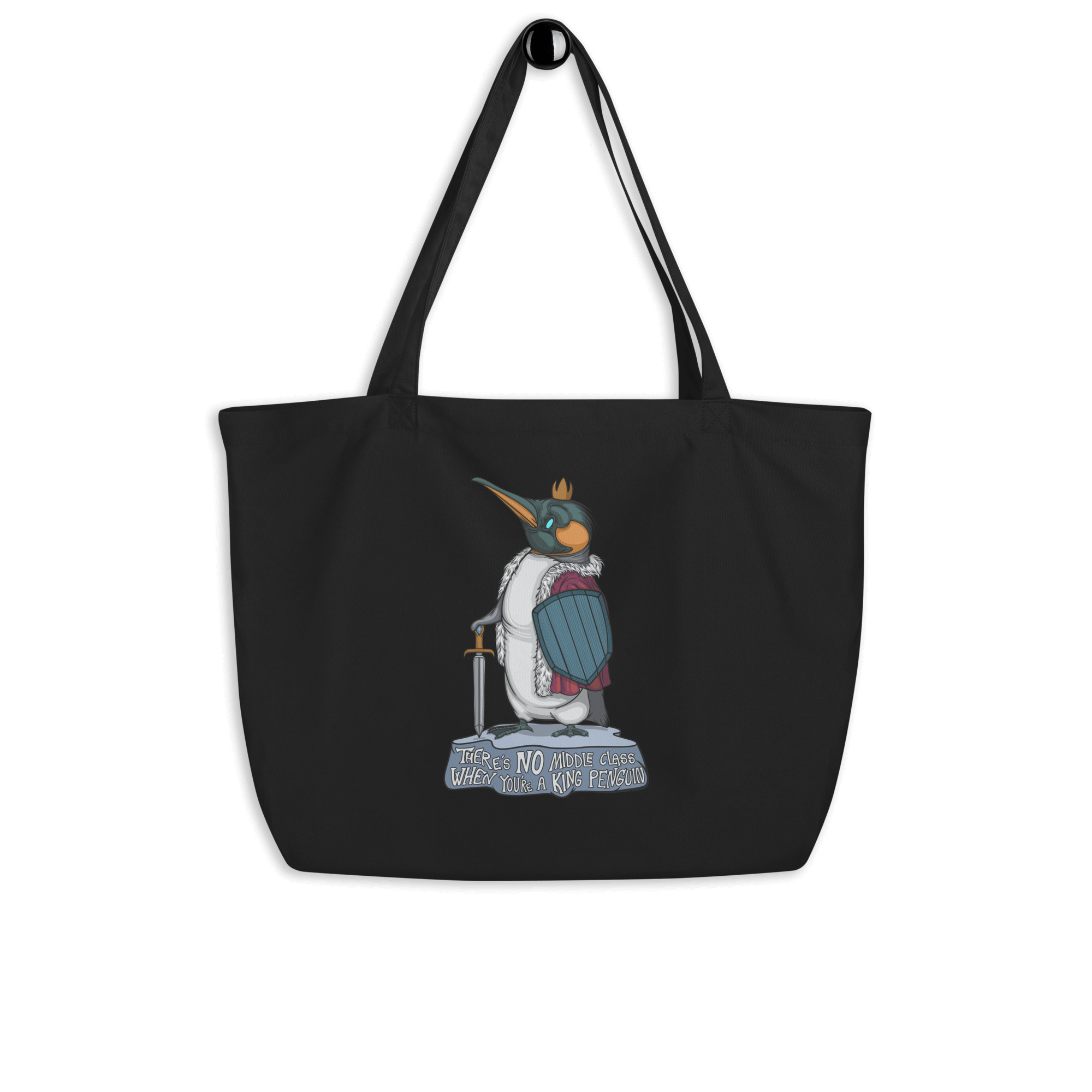 funny king penguin in cartoon style on black tote bag