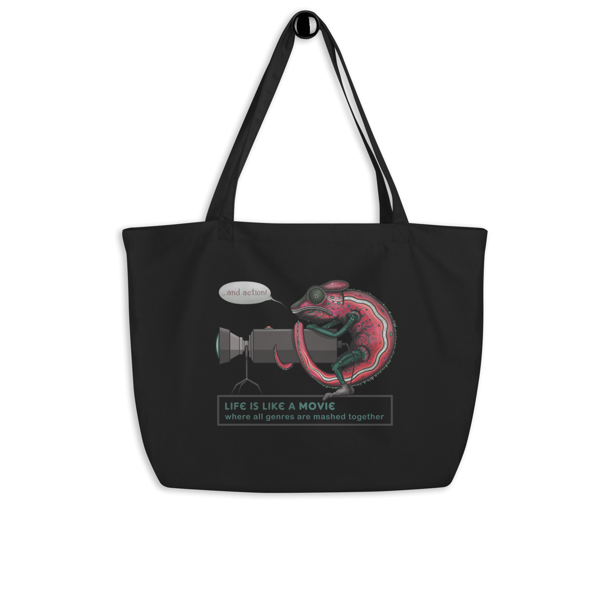 Cute chameleon camera tote bag black