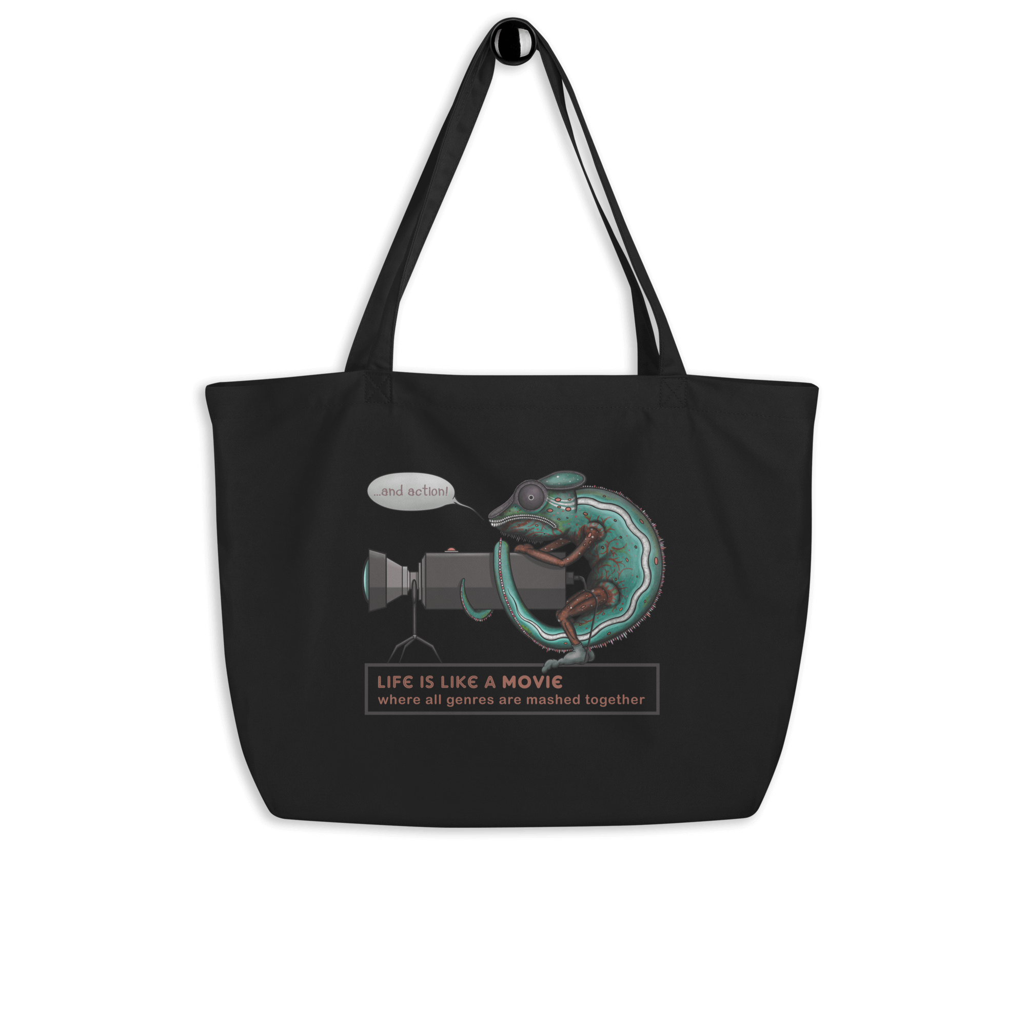 Cute chameleon camera tote bag black