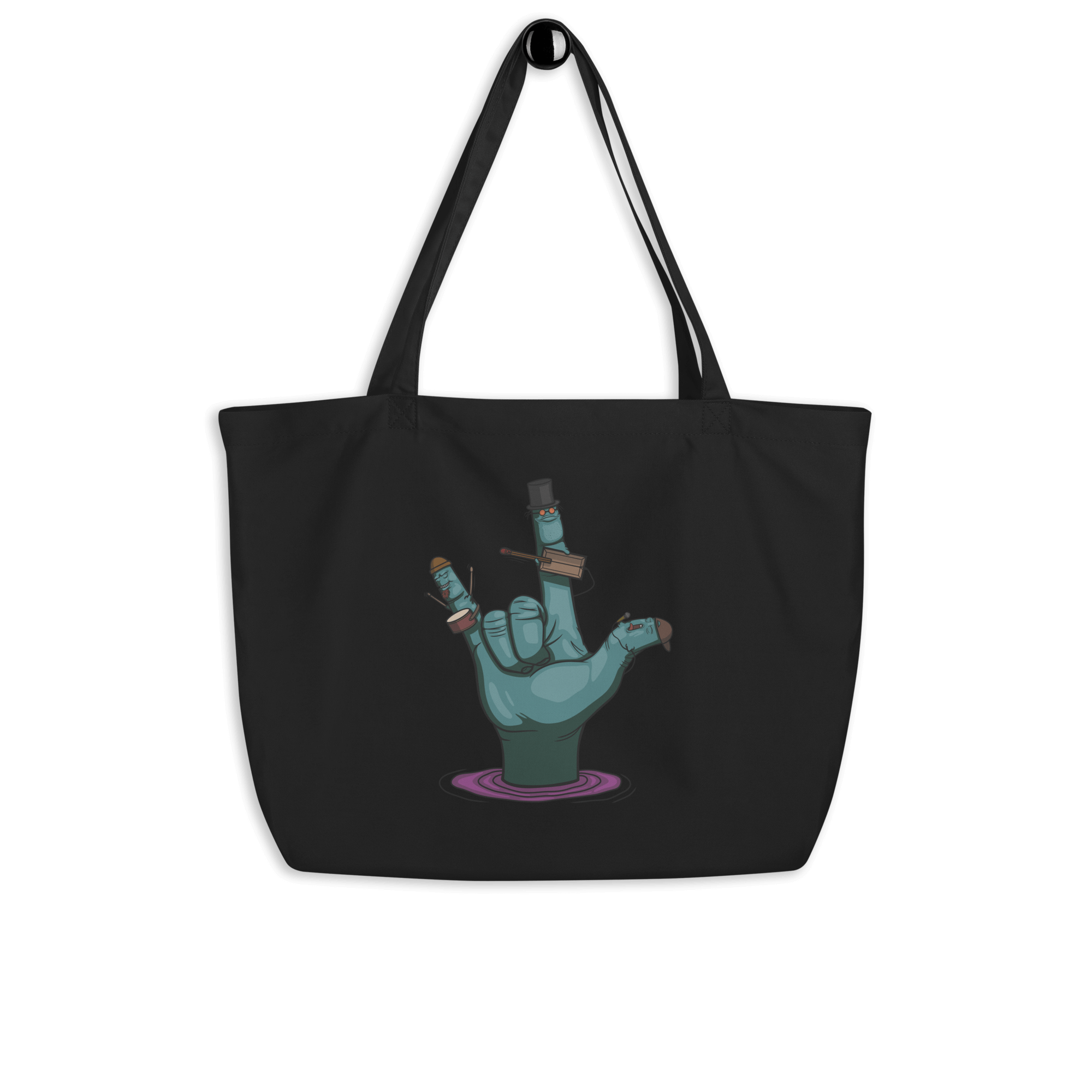 cartoon rock music hand tote bag black