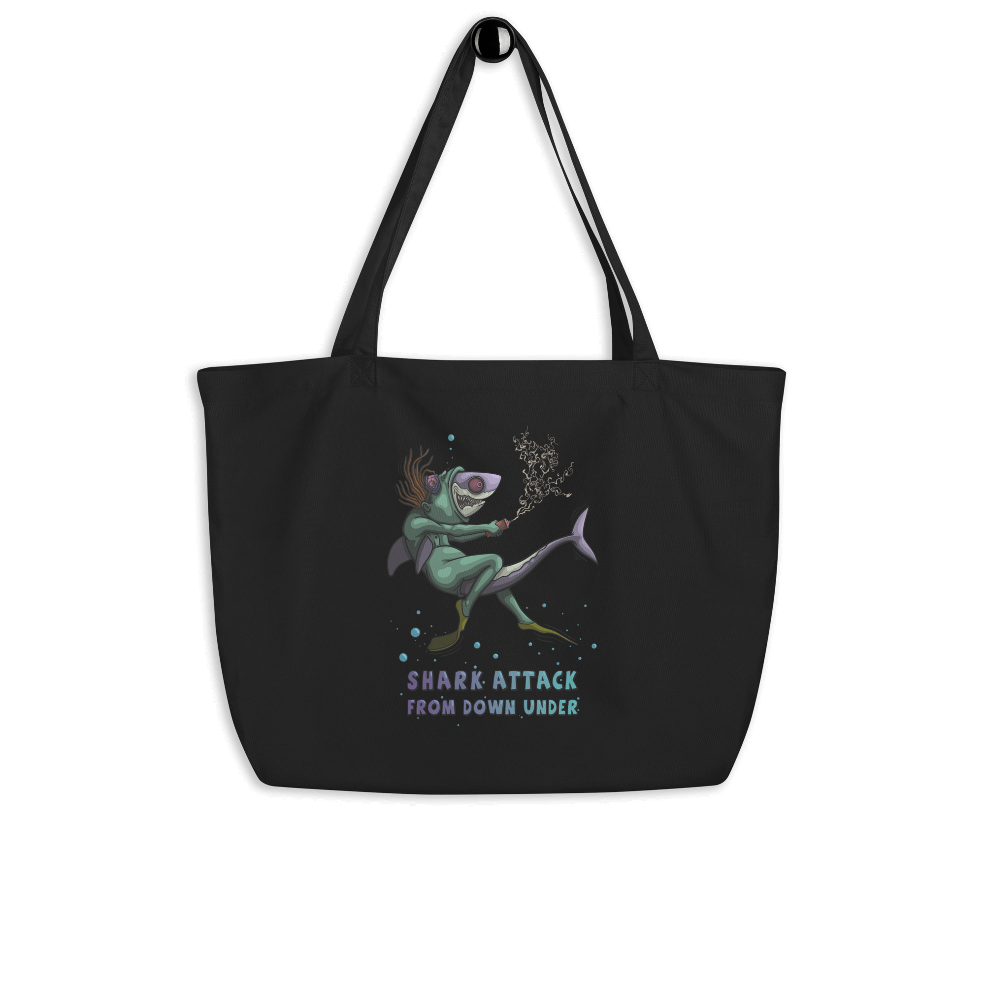 Funny cartoon shark on tote bag black