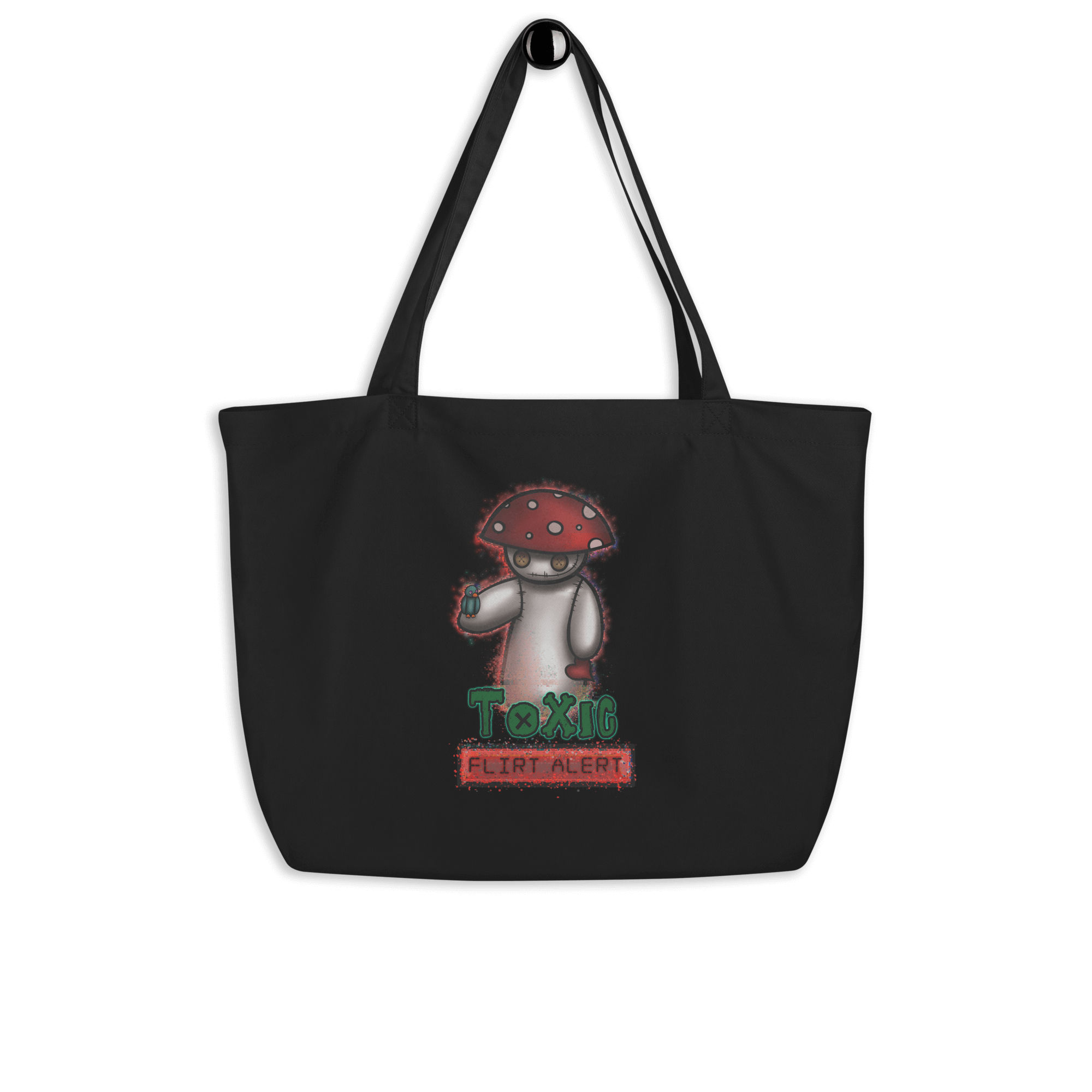 Cartoon poison fly agaric mushroom on black tote bag