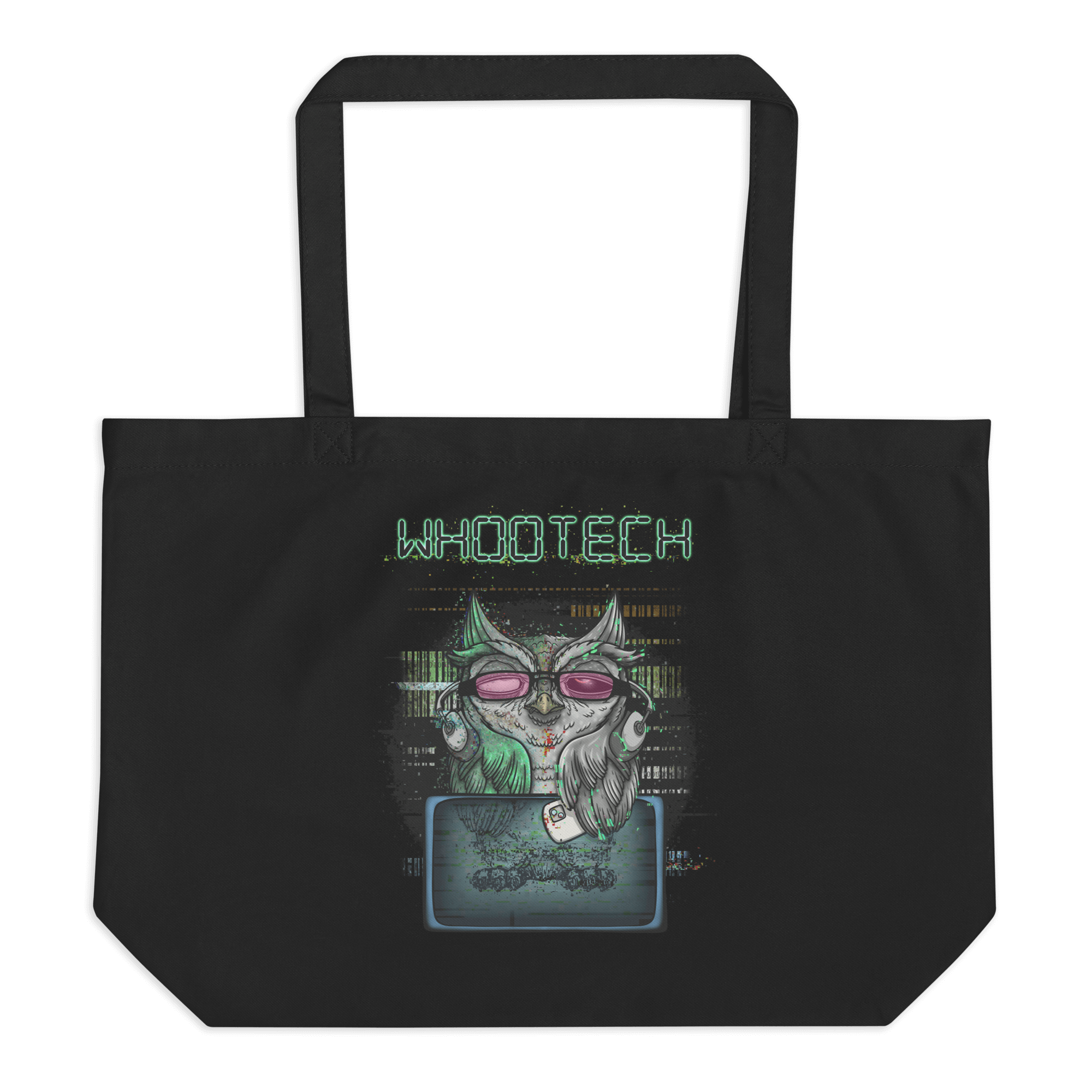 Cool cartoon technology owl on tote bag black