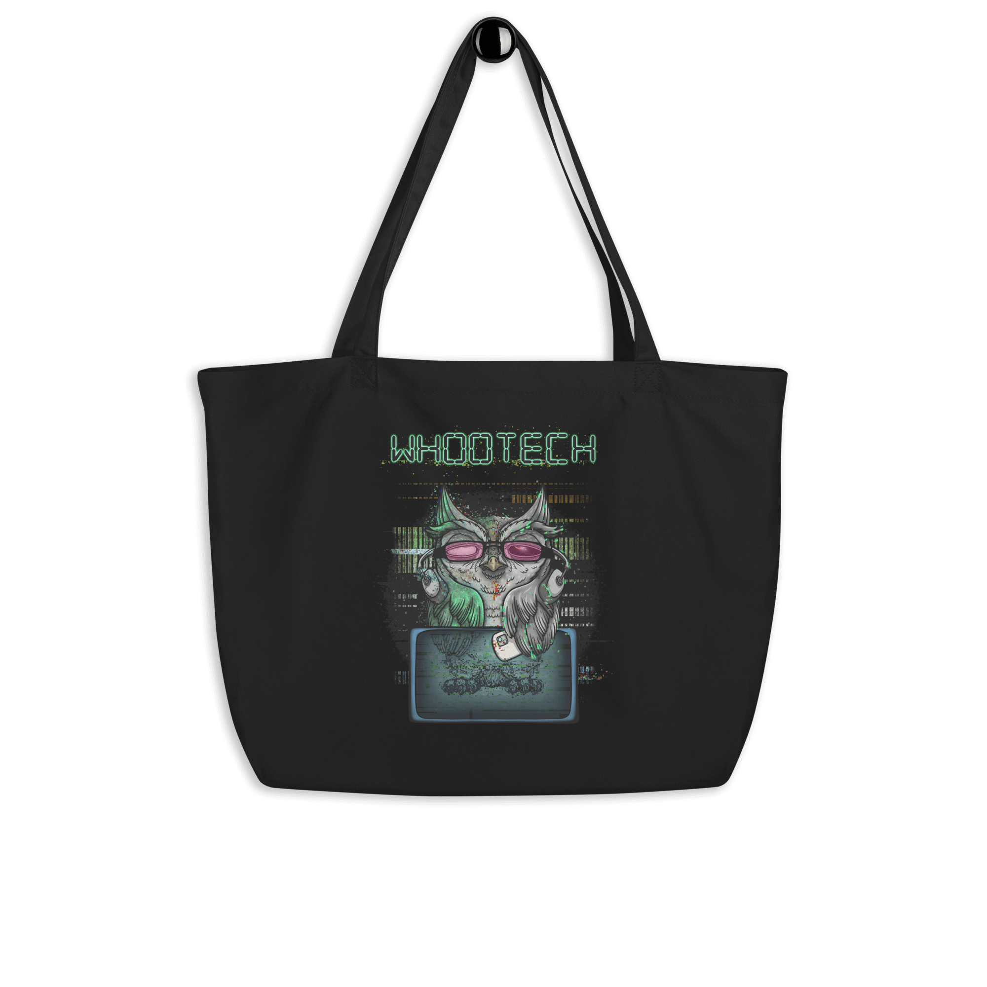 black tote bag with cartoon owl, music and technology