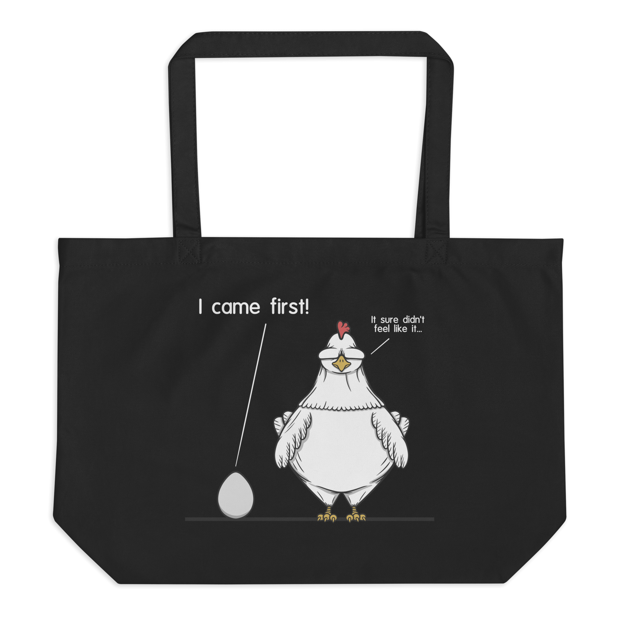 Black tote bag with cartoon chicken and egg