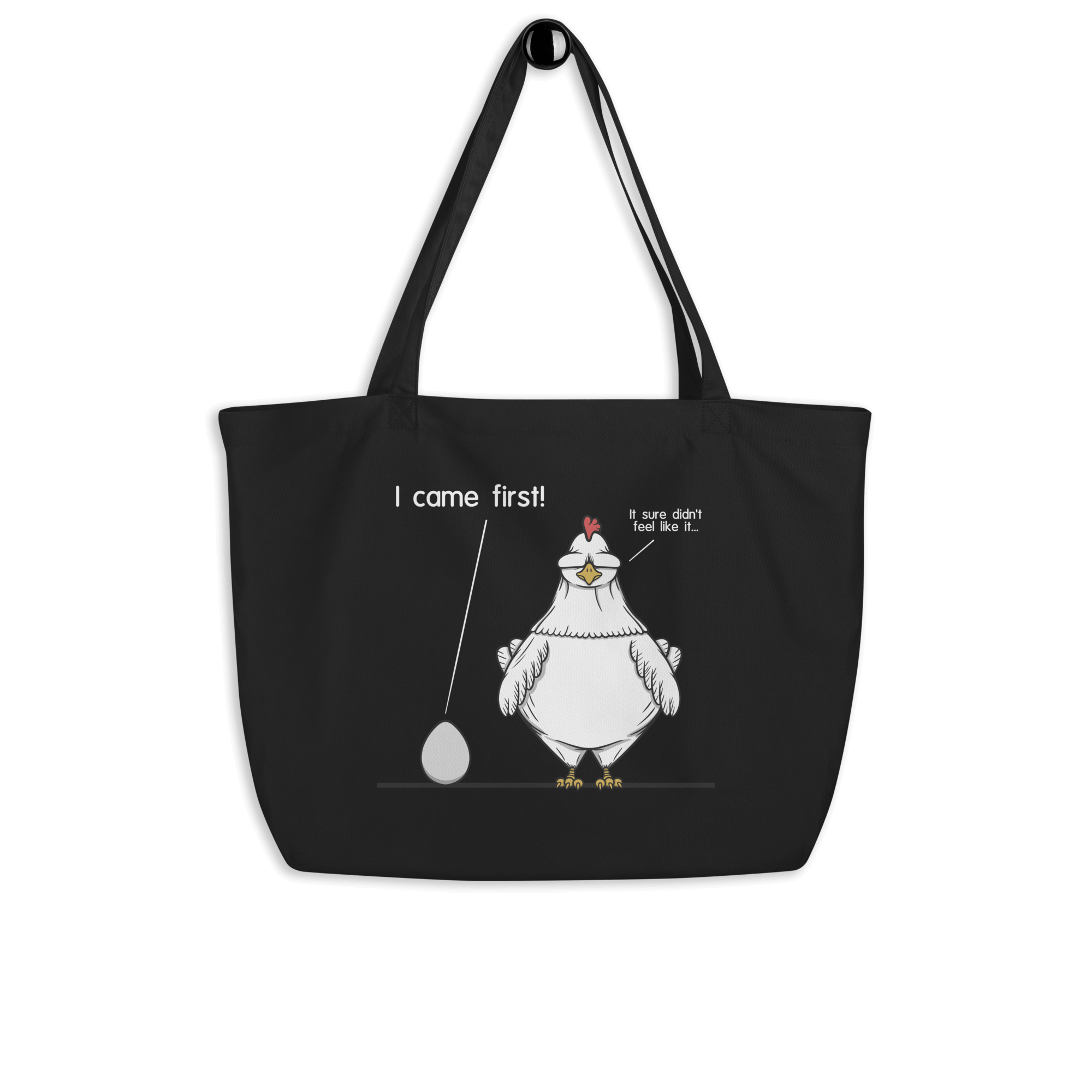 I came first, chicken and egg humor design on tote bag black