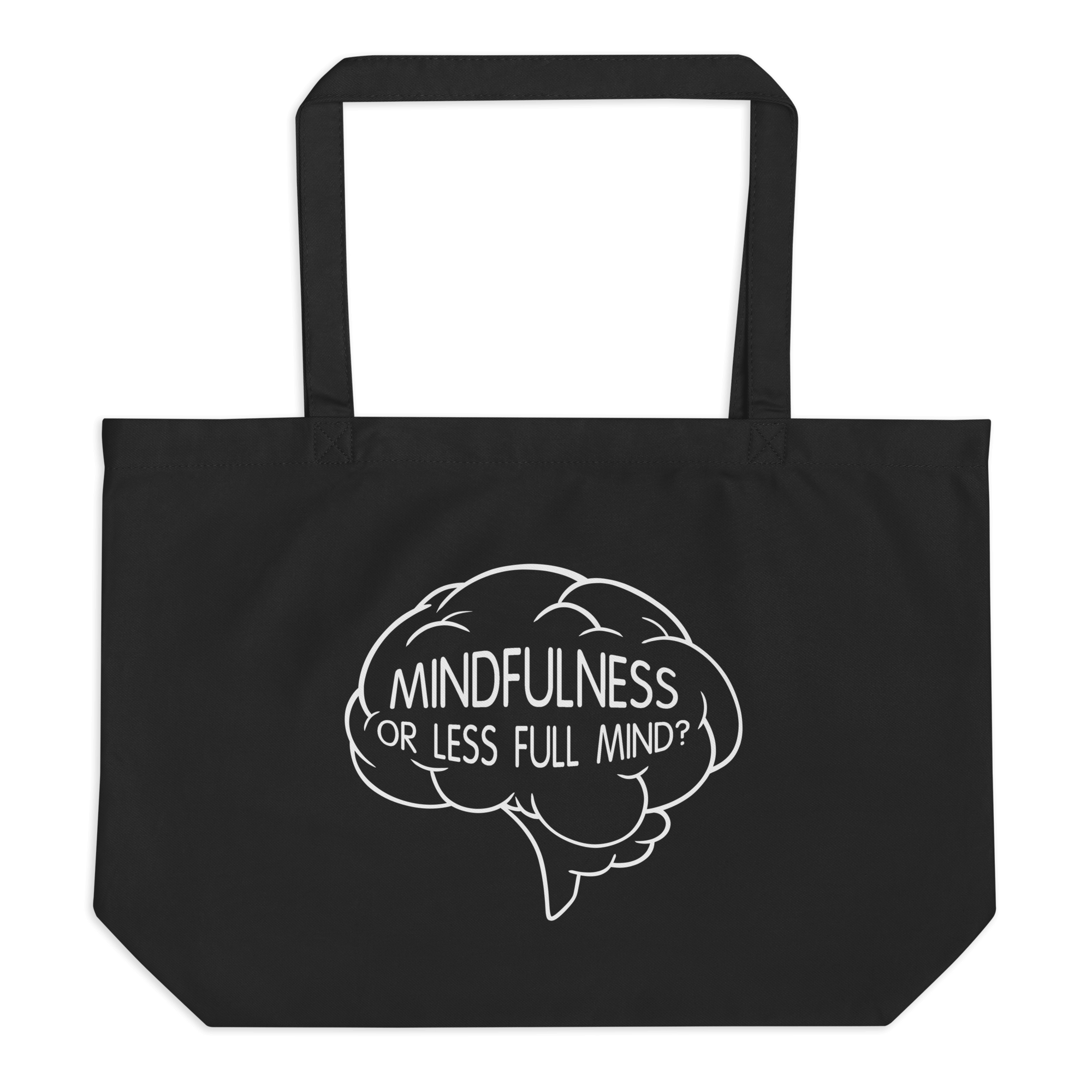 black tote bag with cartoon brain and mindfulness