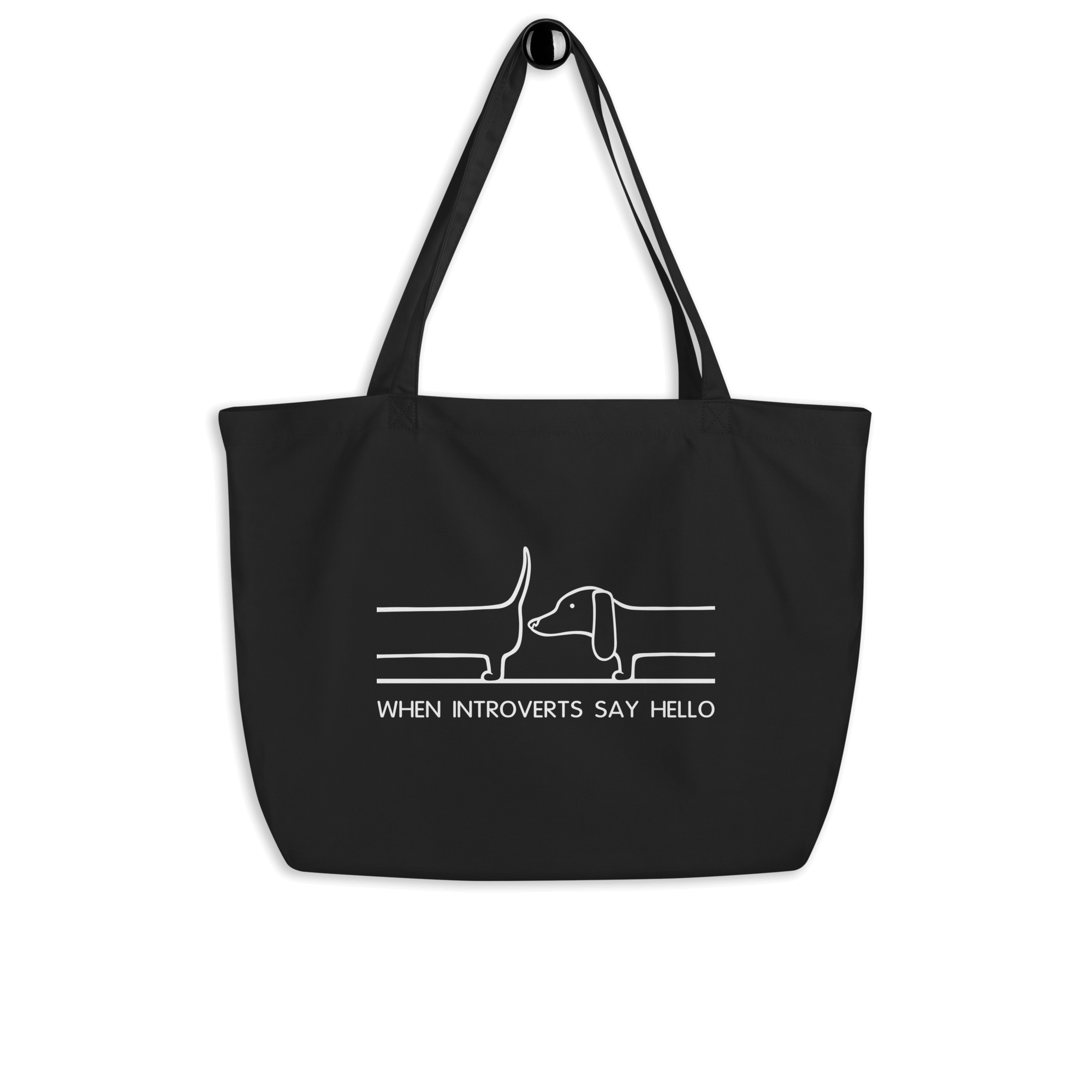 black tote bag with cartoon dachshund saying hello