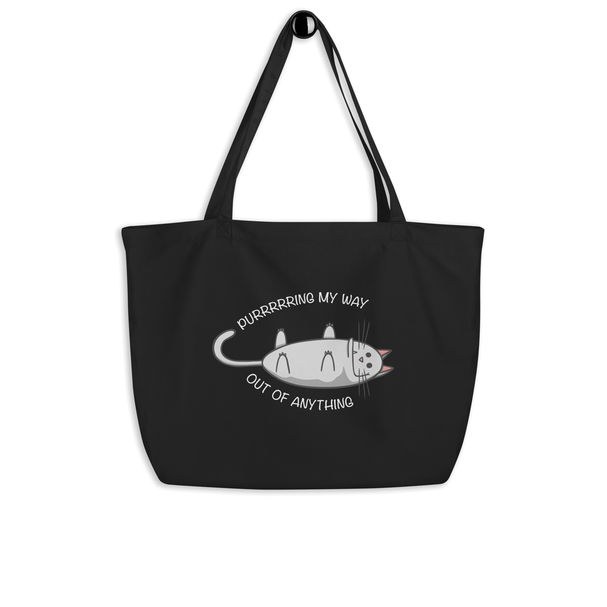 black tote bag with a cute cartoon cat purring