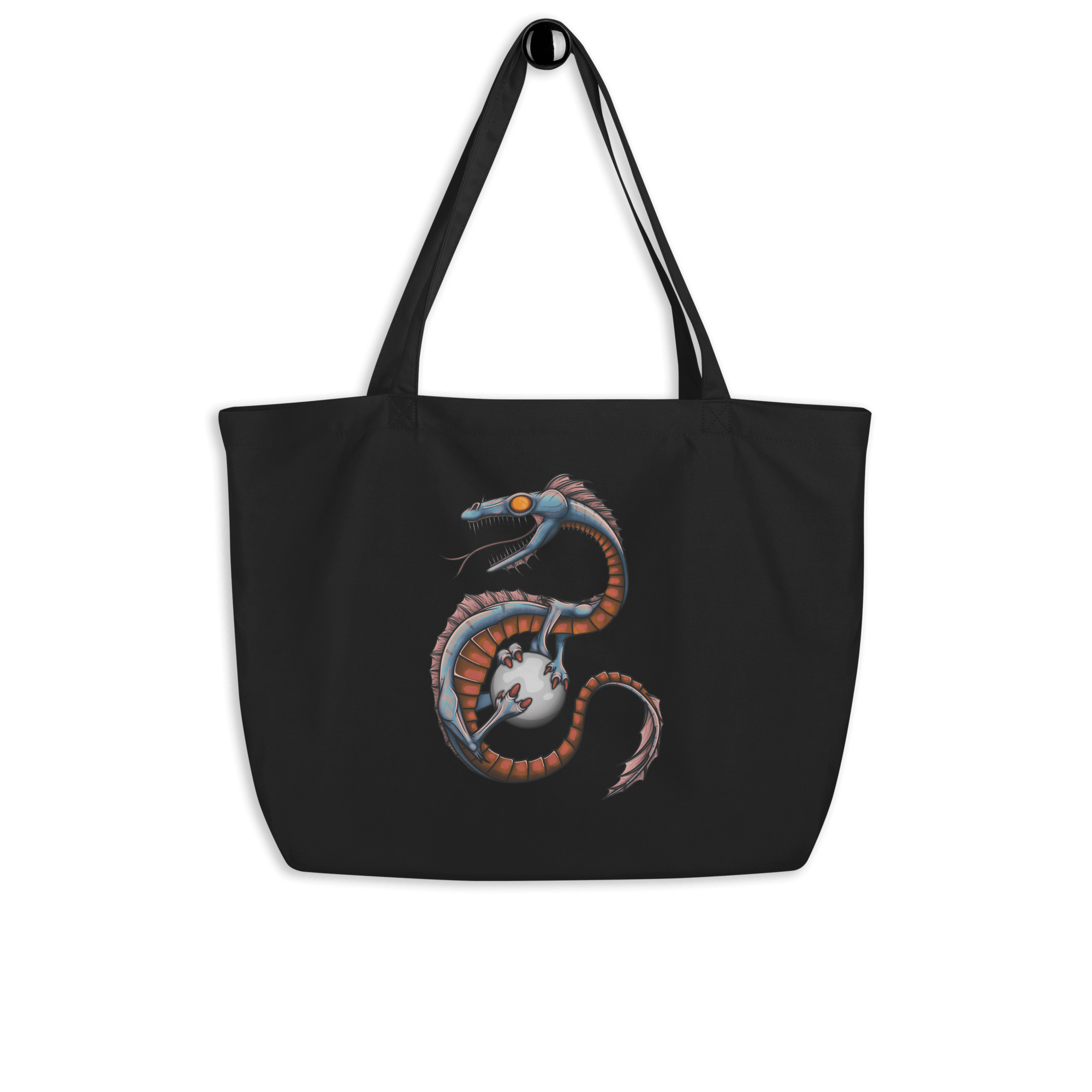 black tote bag with cool blue cartoon dragon