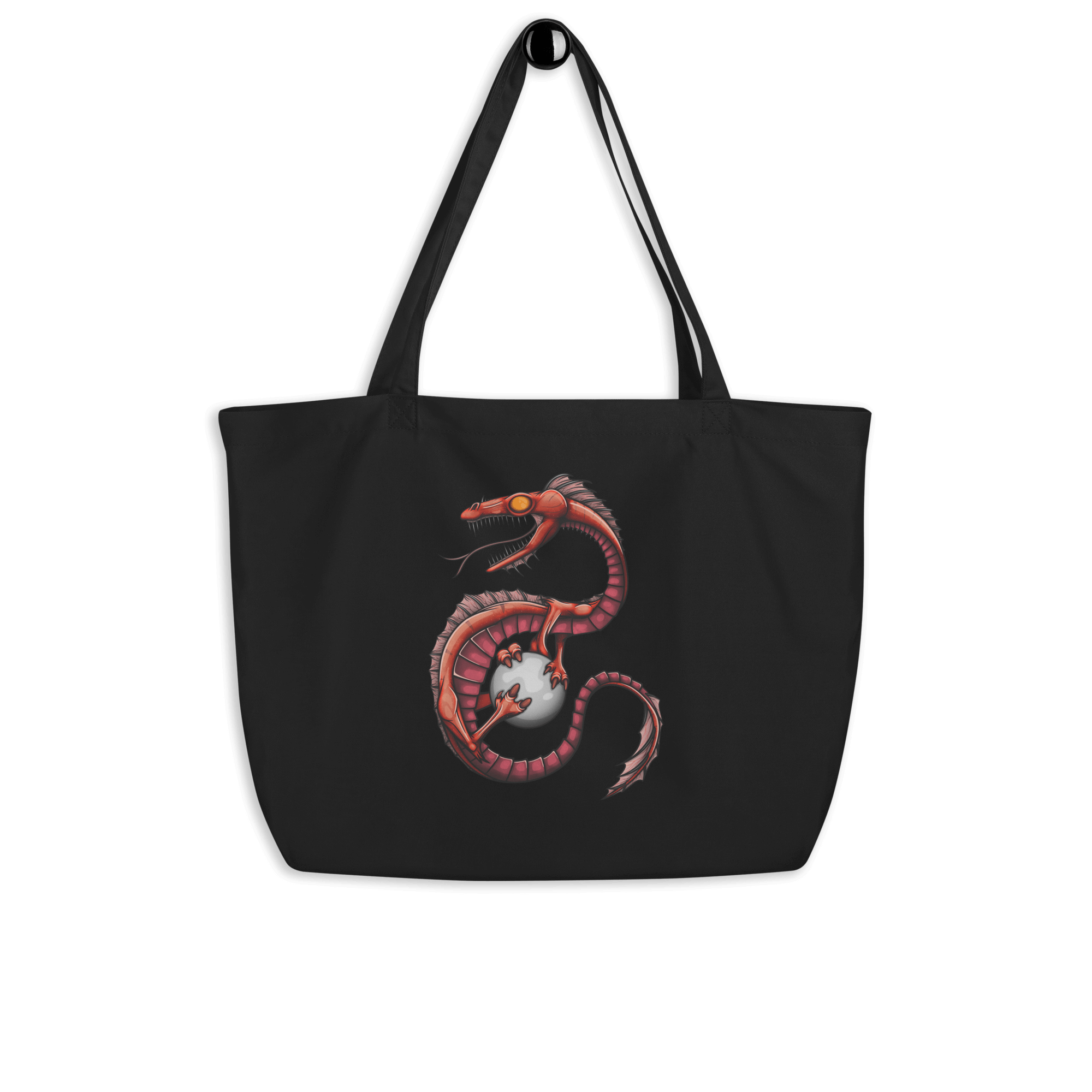 black tote bag with cool red cartoon dragon