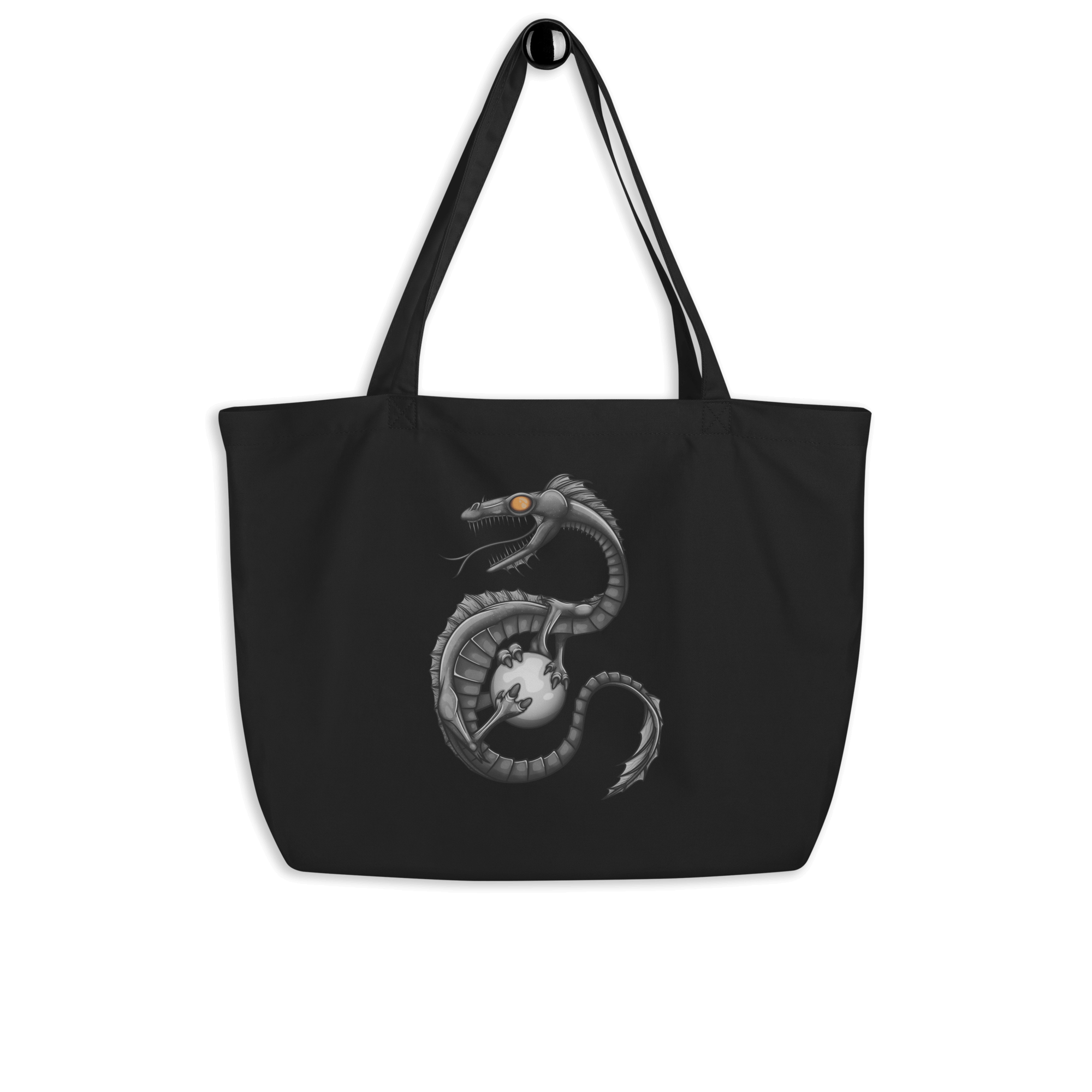 black tote bag with cool grey cartoon dragon