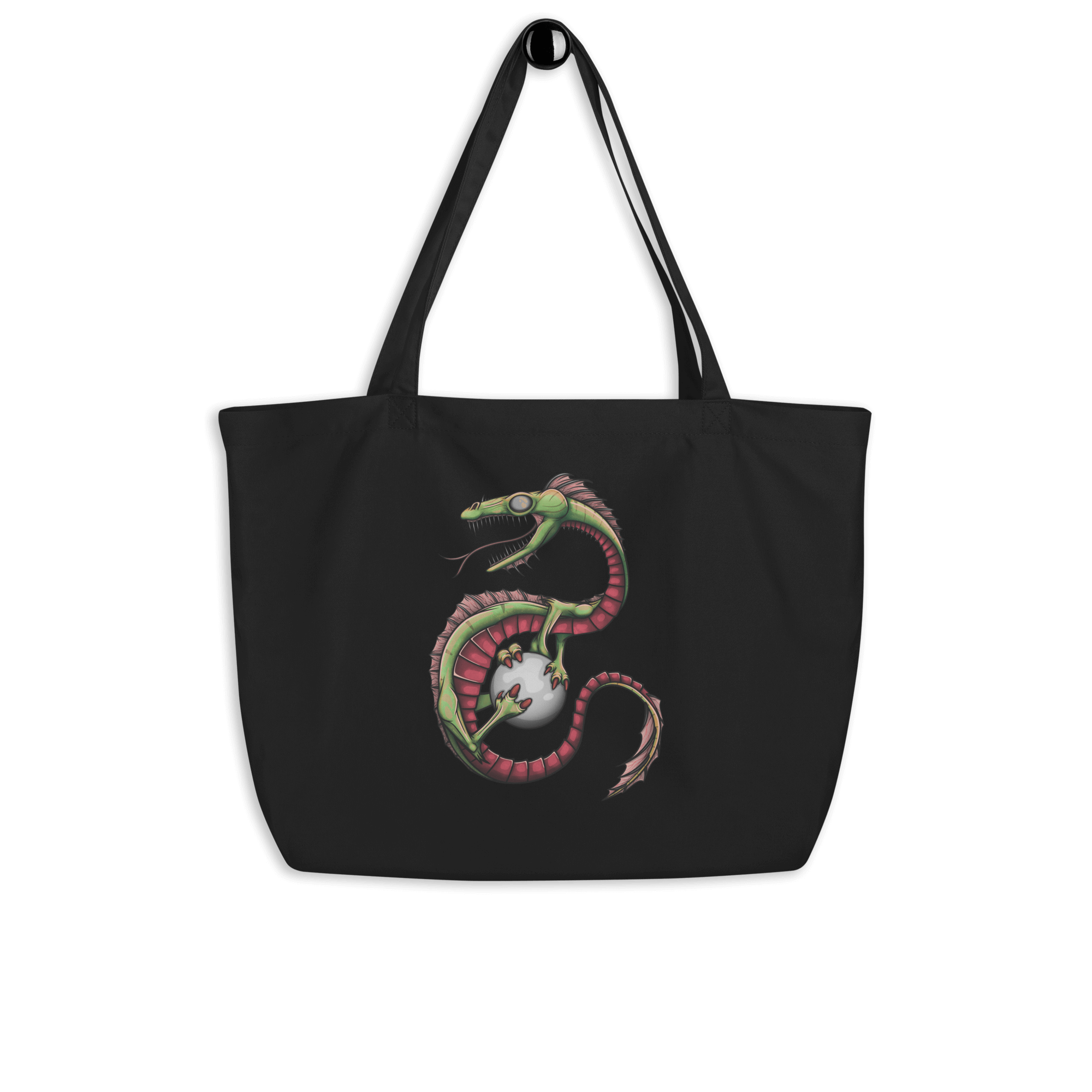 black tote bag with cool green cartoon dragon