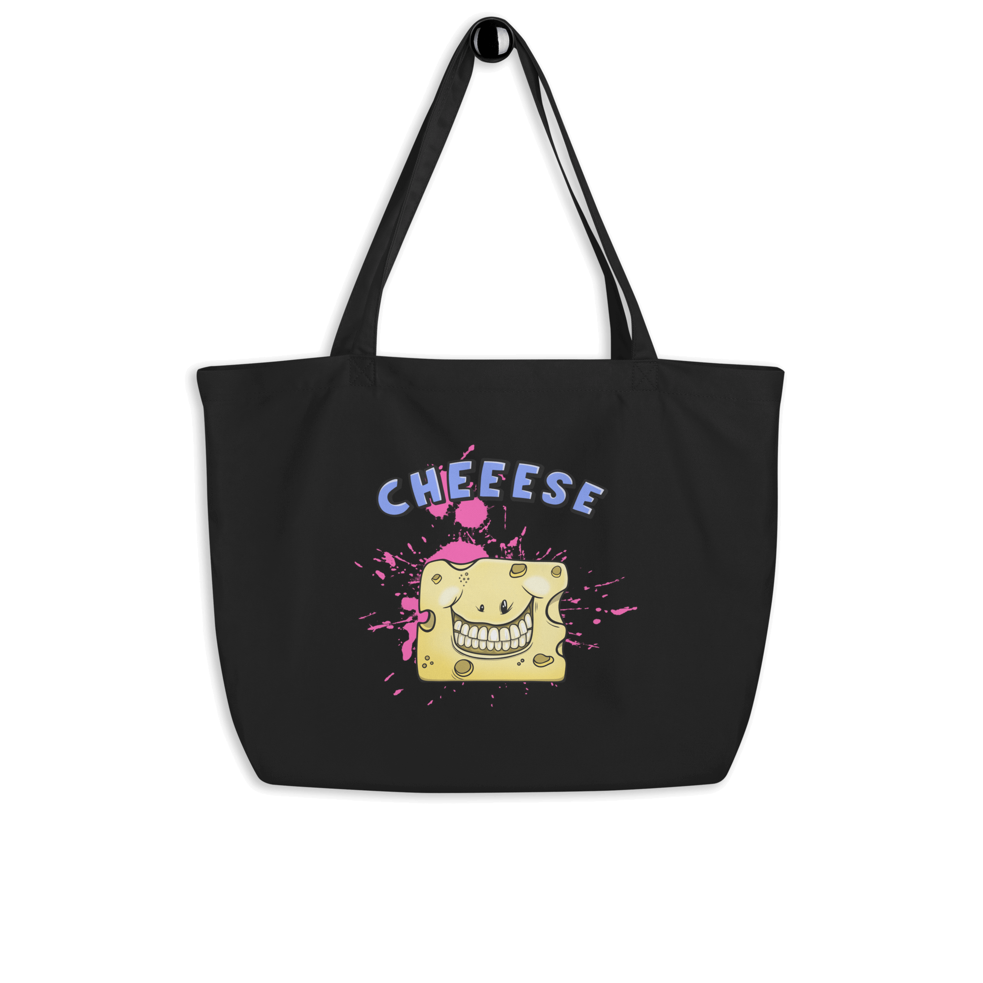 Black tote bag with a happy cheese in cartoon style