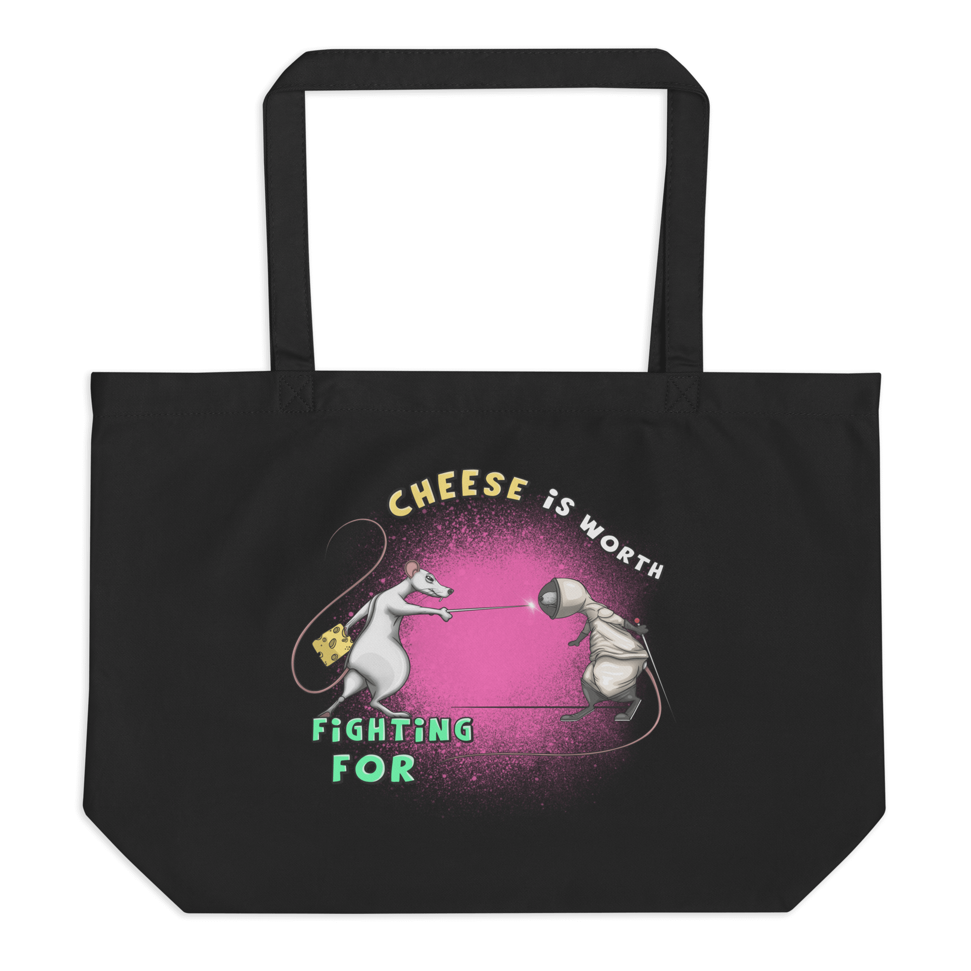 black tote bag with two rats fighting over cheese with fencing swords