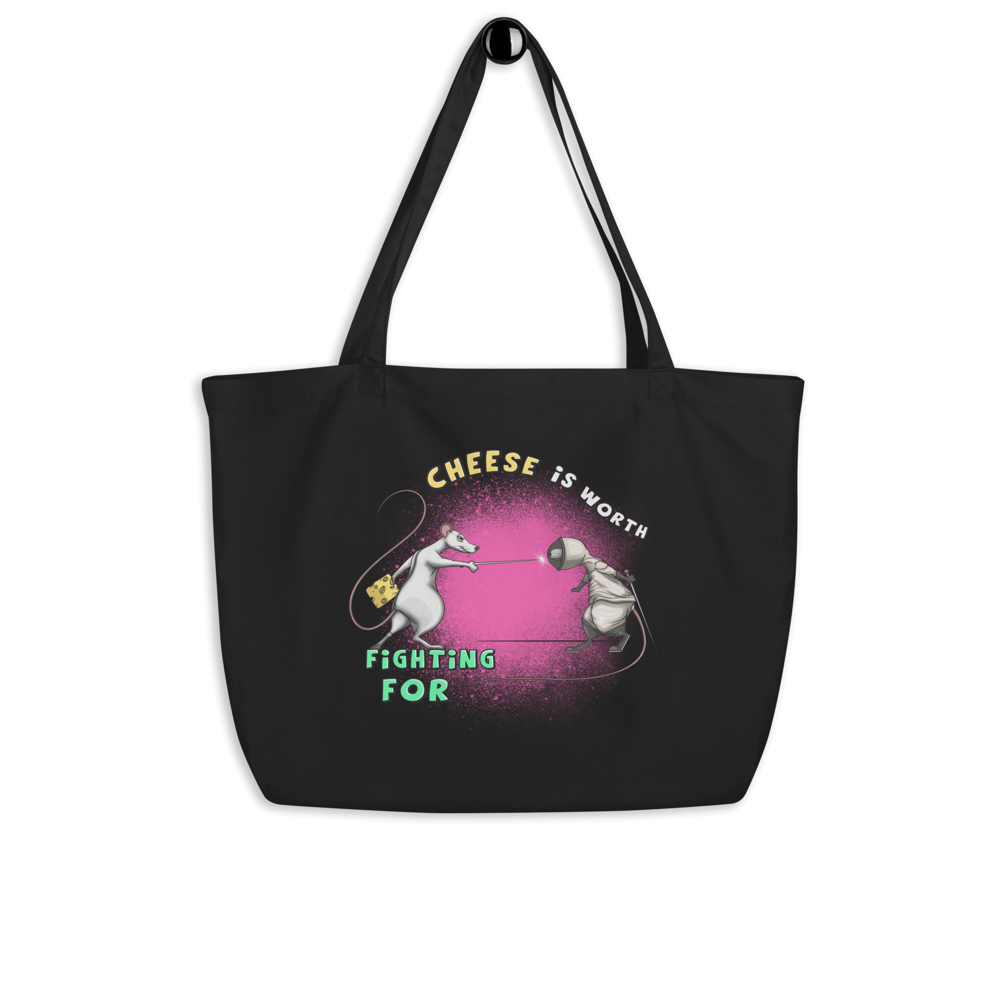 cool cartoon rats in a fencing match on black tote bag