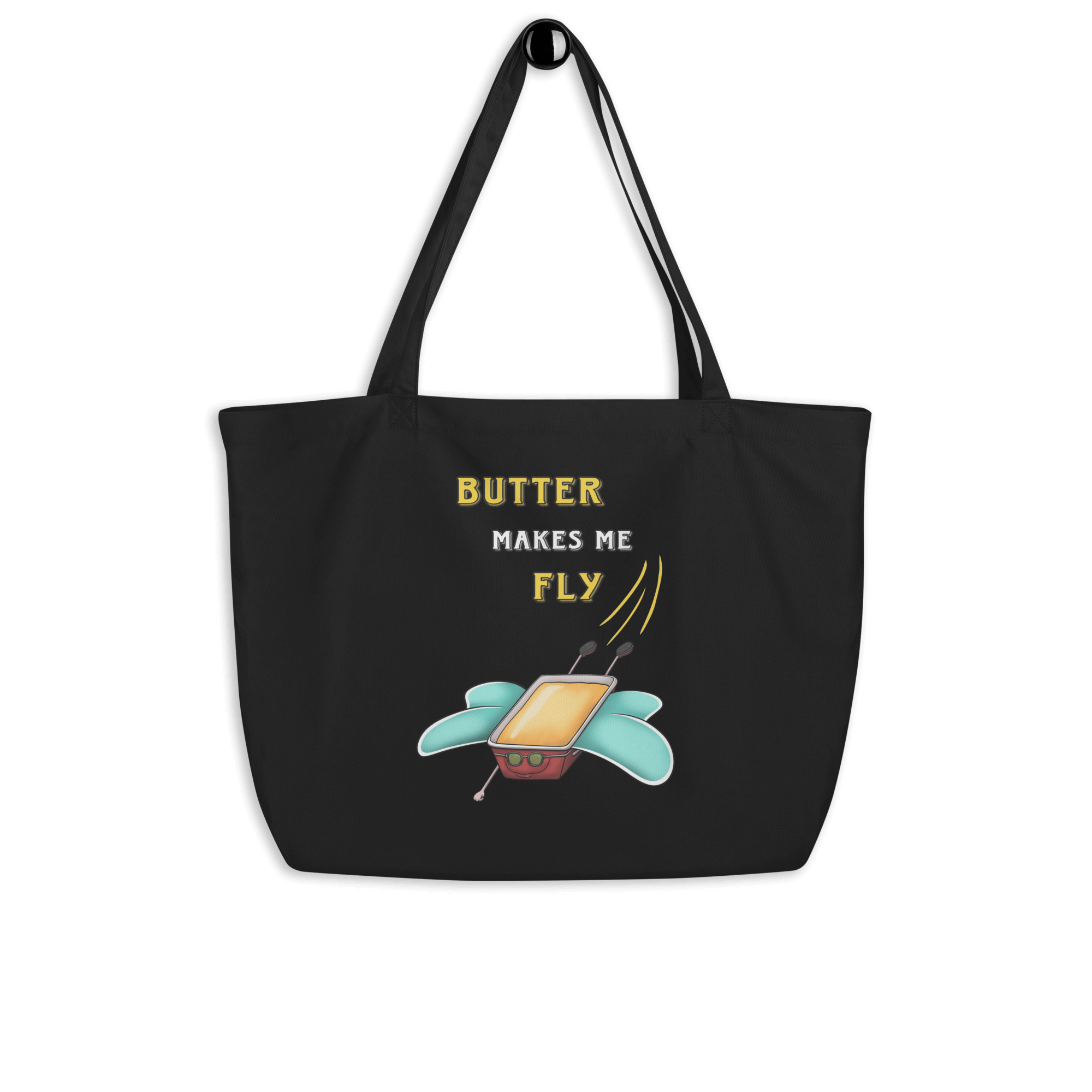 tote bag with funny drawing of butter flying with wings in cartoon style