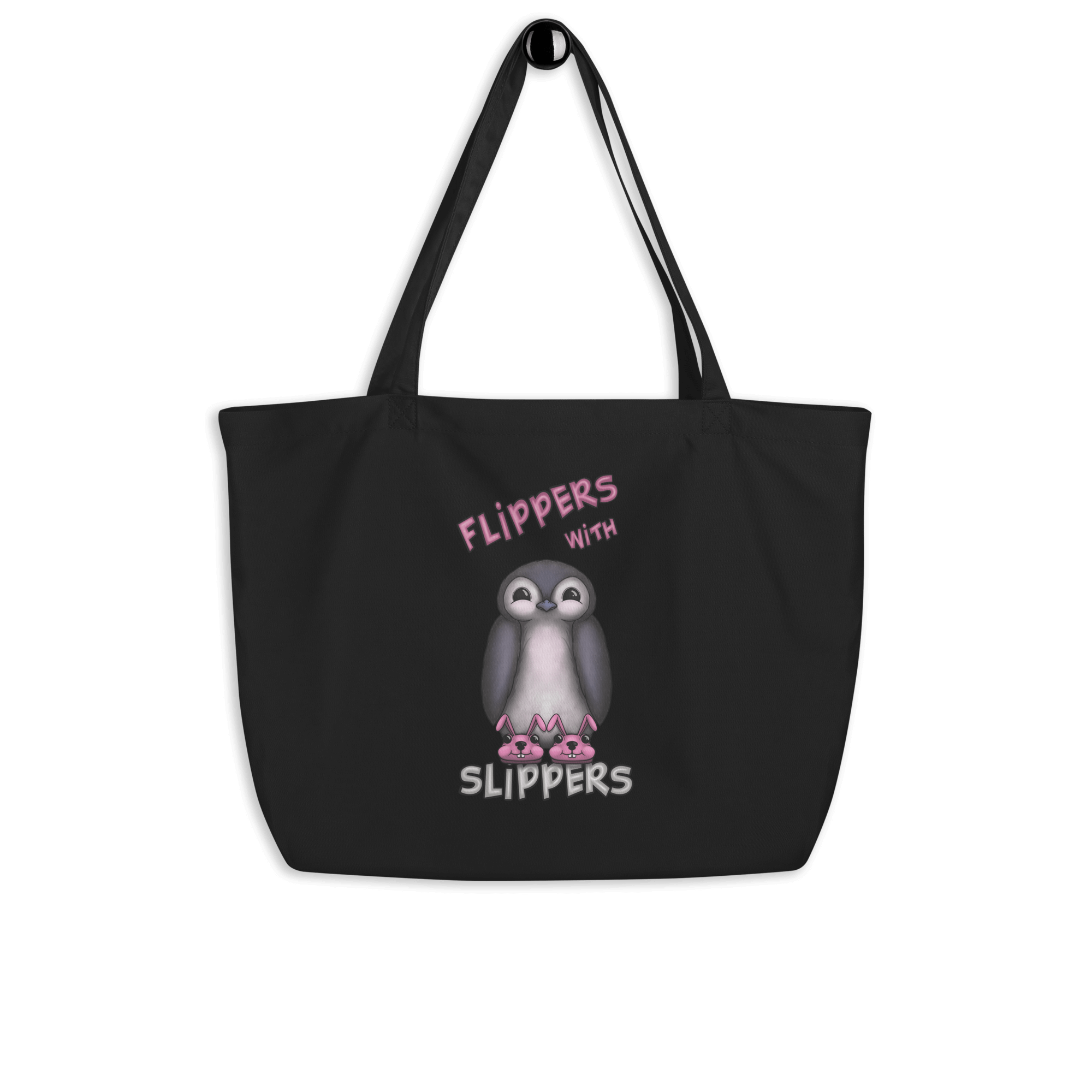 cute cartoon penguin with pink bunny slippers on tote bag black