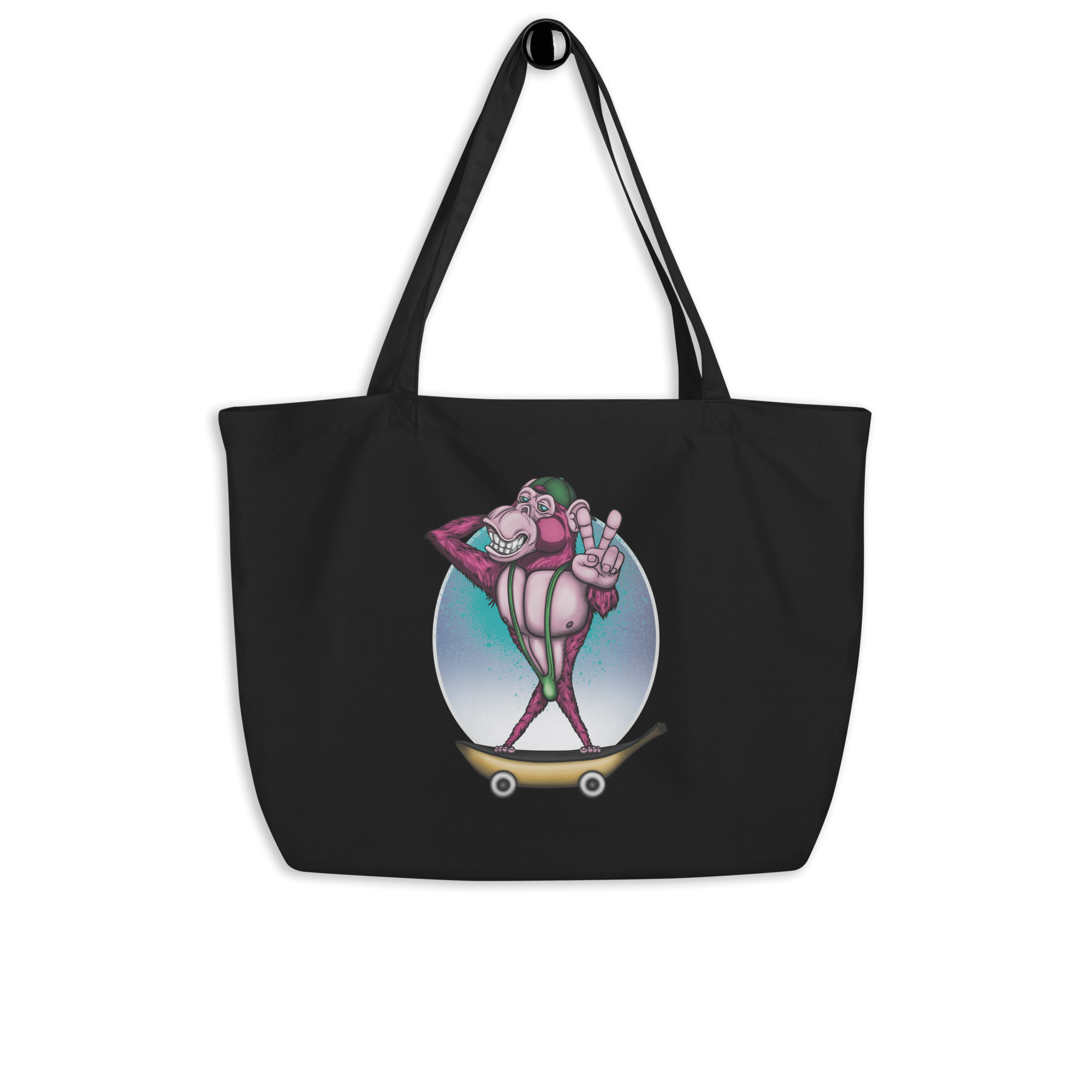 tote bag with a pink monkey on skateboard