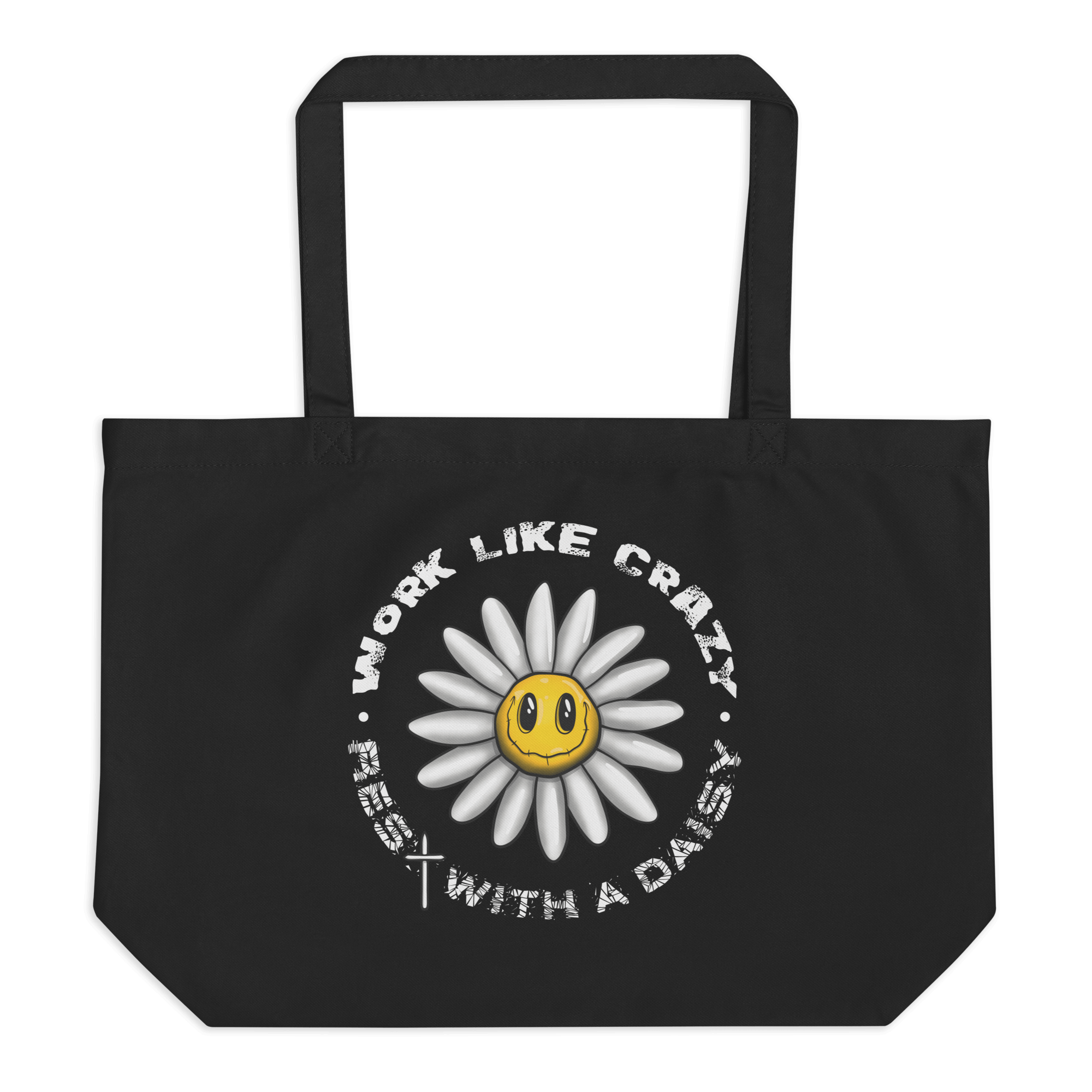 funny cartoon daisy drawing on black tote bag