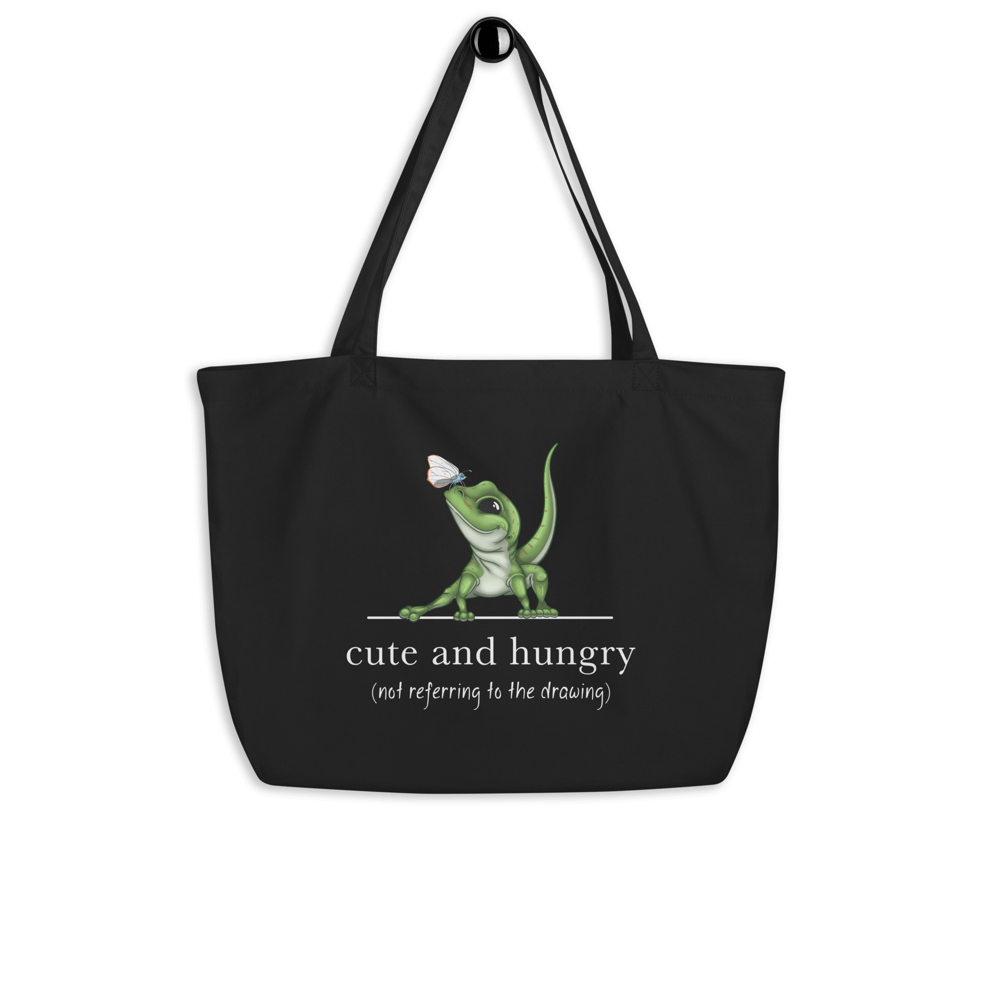 cartoon lizard with butterfly on tote bag black