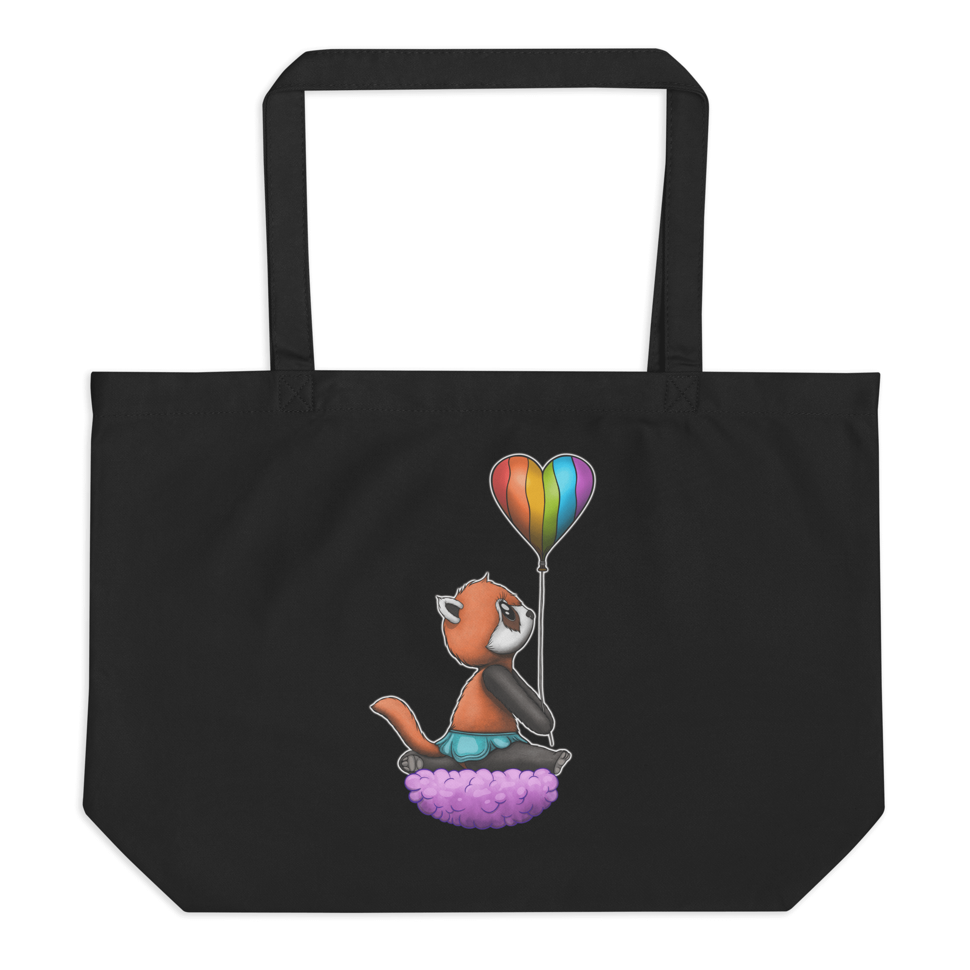 black tote bag with cute panda and pride flag balloon