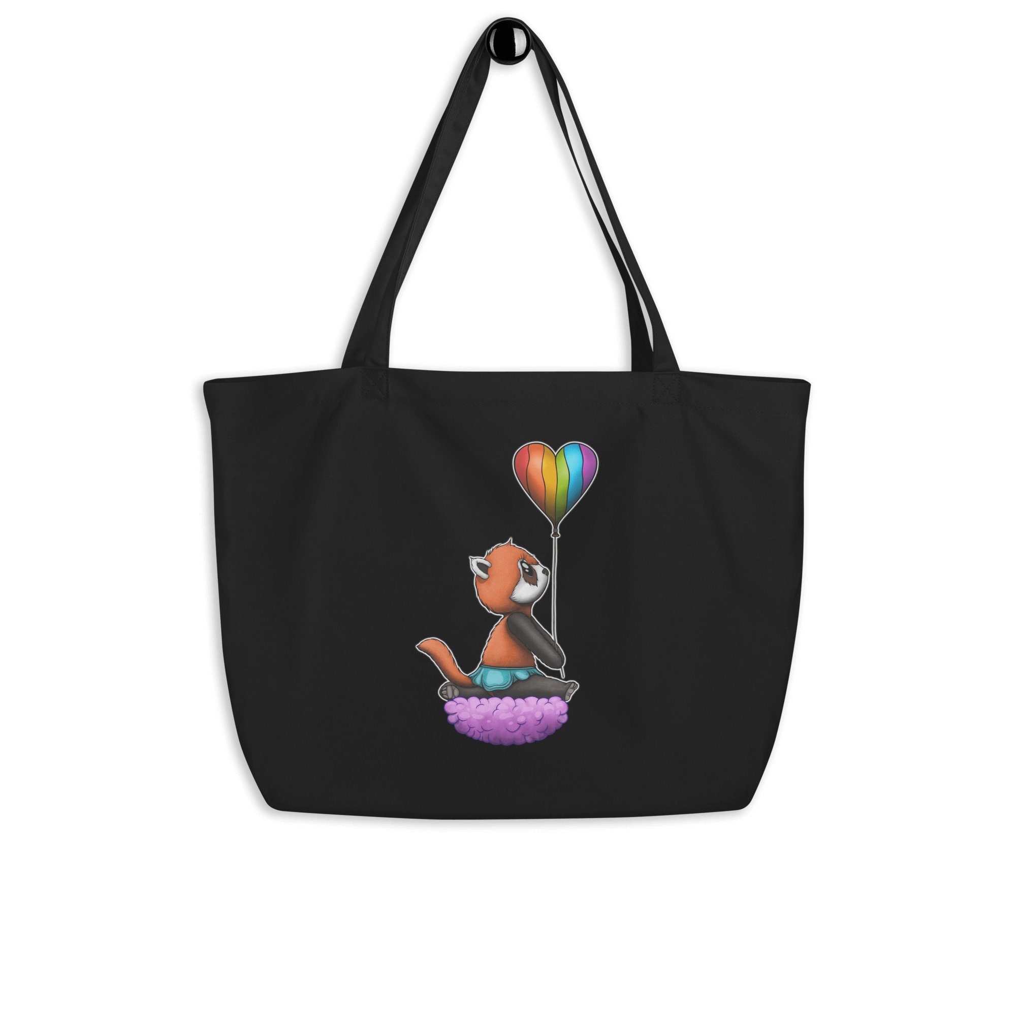 black tote bag  with a red panda holding a heart shaped pride flag