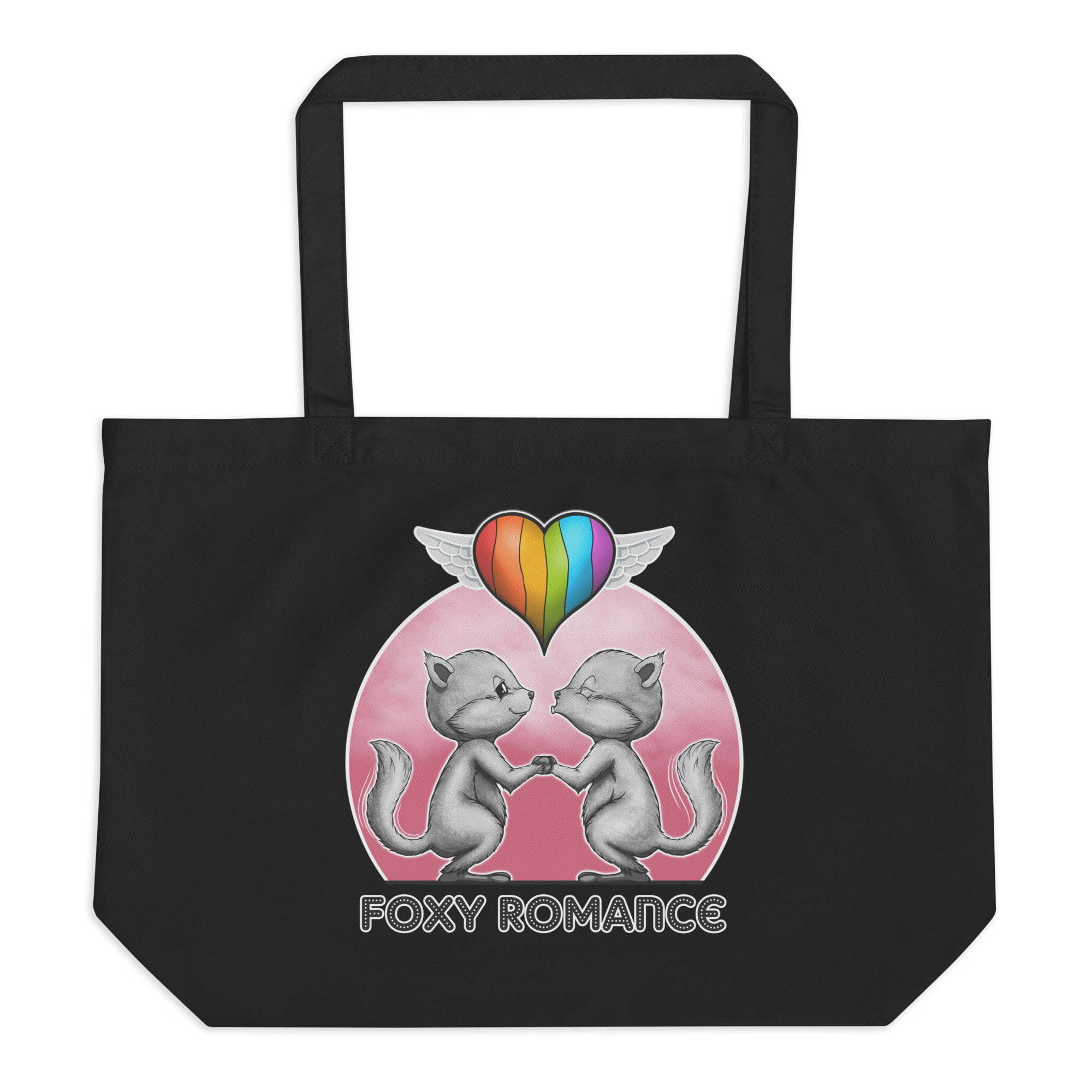 Foxy romance pride design on black tote bag