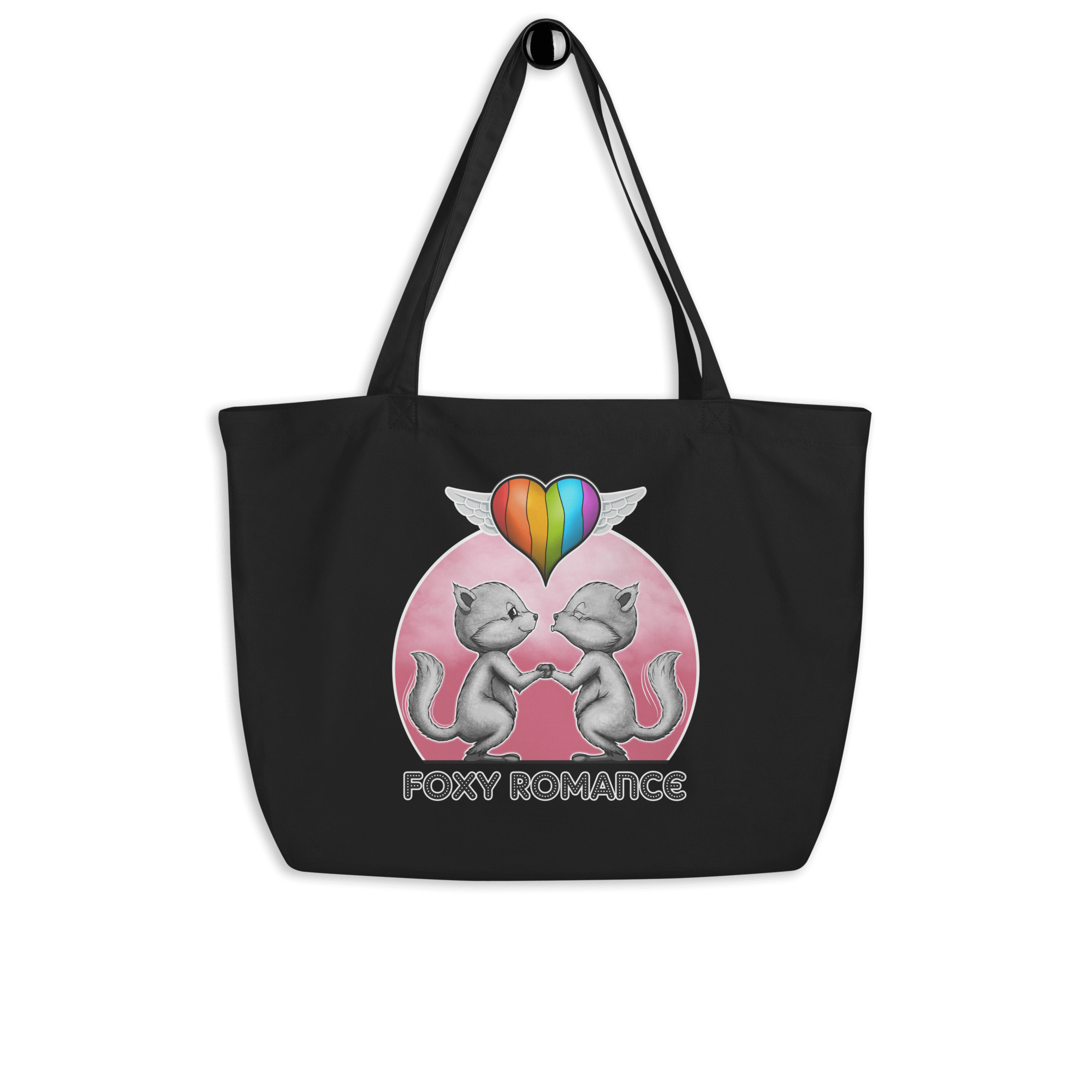 tote bag black with cute foxes and pride flag balloon