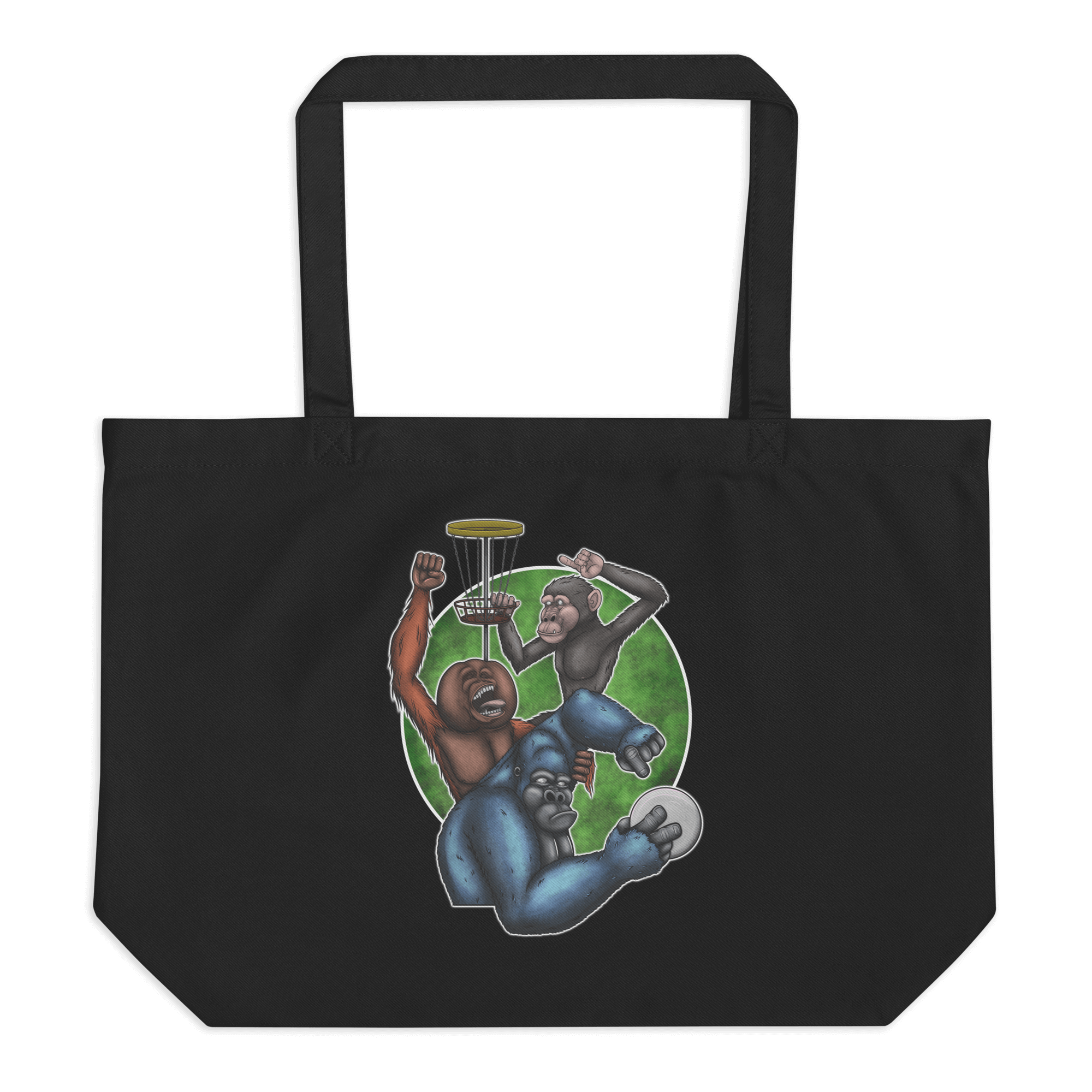 black tote bag with cartoon monkeys playing frisbee golf