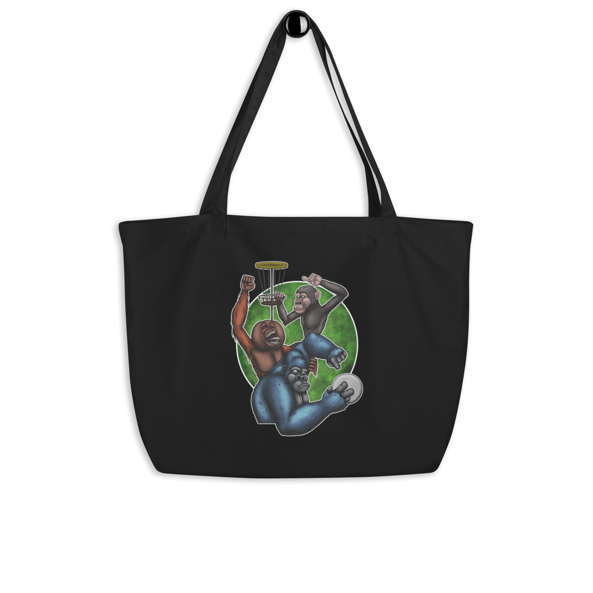 tote bag black with cool cartoon monkey drawing and disc golf