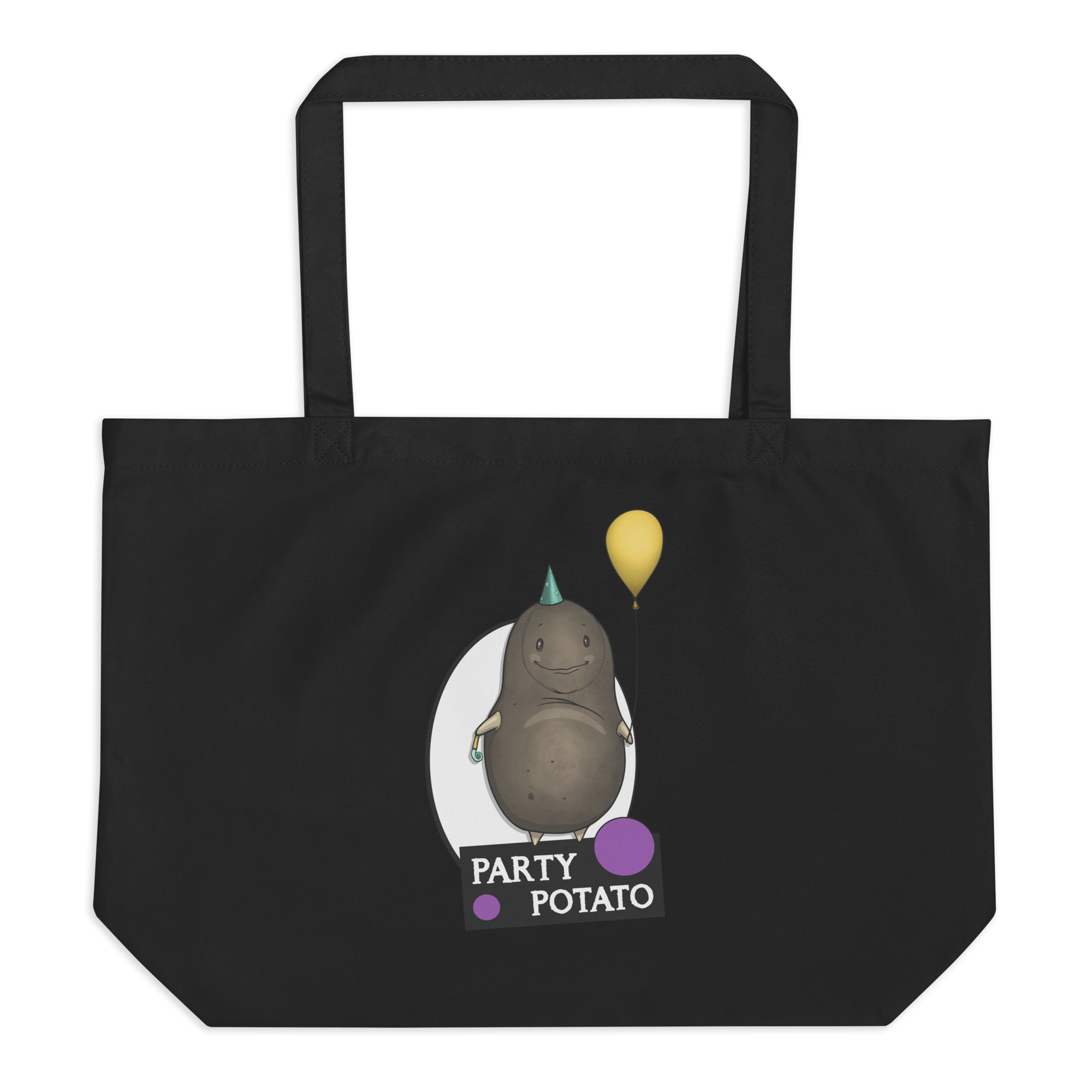 black tote bag with cute party potato drawing