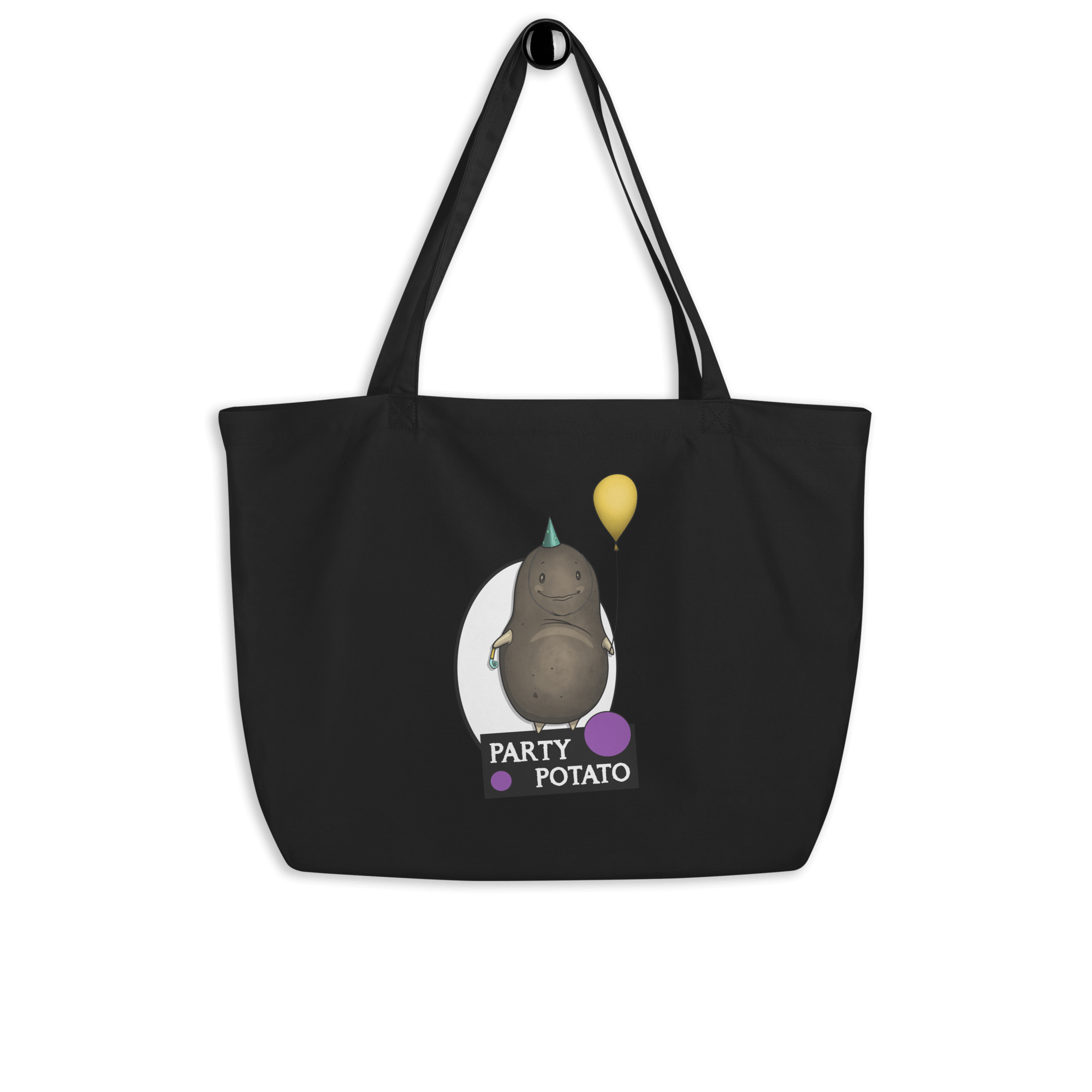 tote bag black with a cartoon potato and balloons