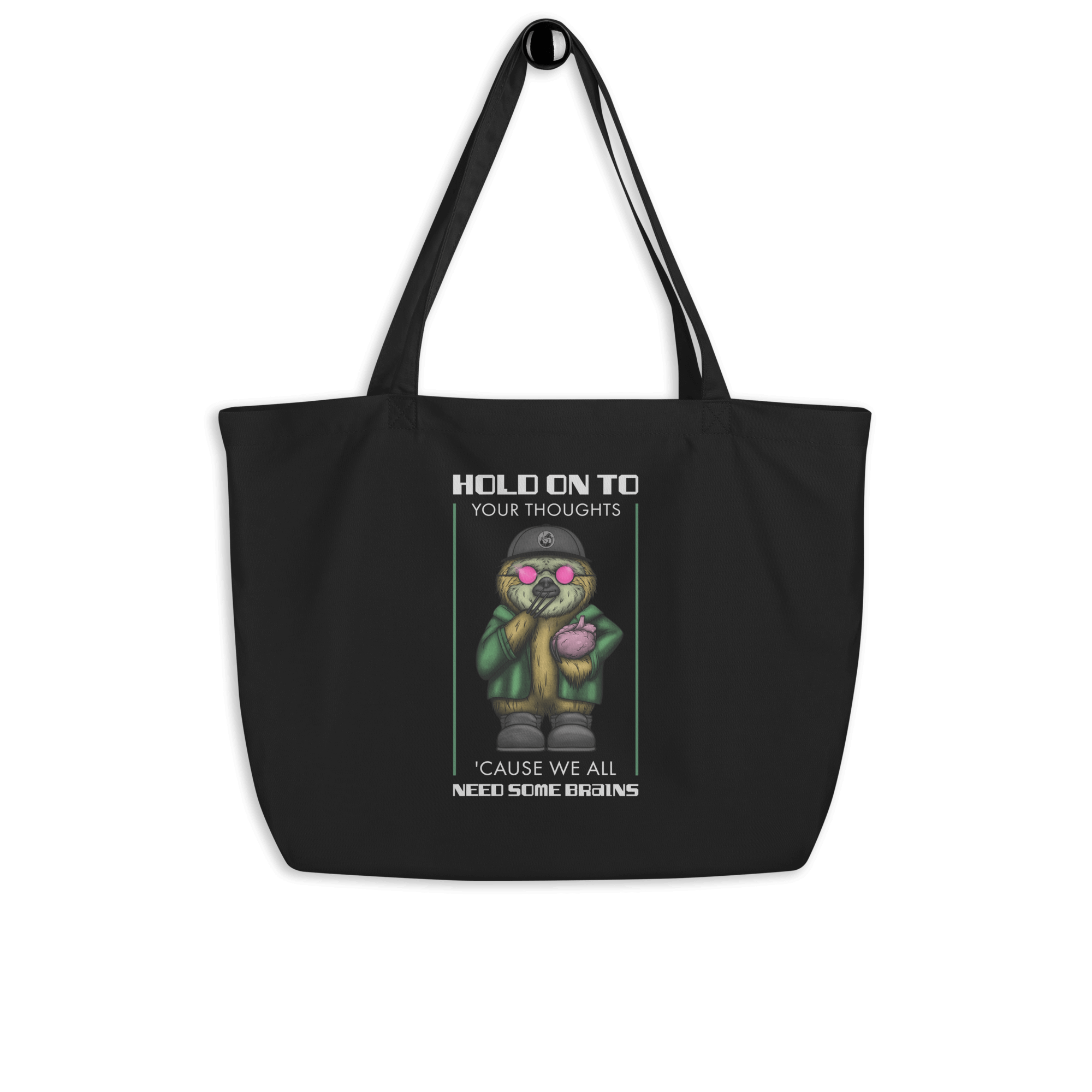 cool cartoon sloth with sunglasses holding a brain on tote bag black